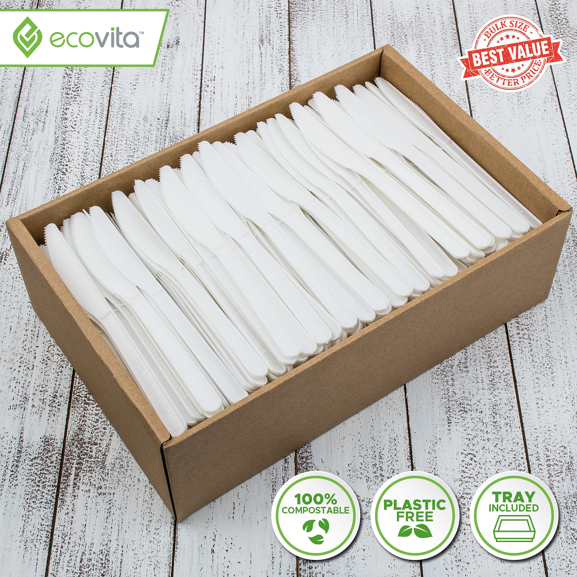 Ecovita 100% Compostable Knives - 500 Large Disposable Utensils - Ecovita Official Product View 3