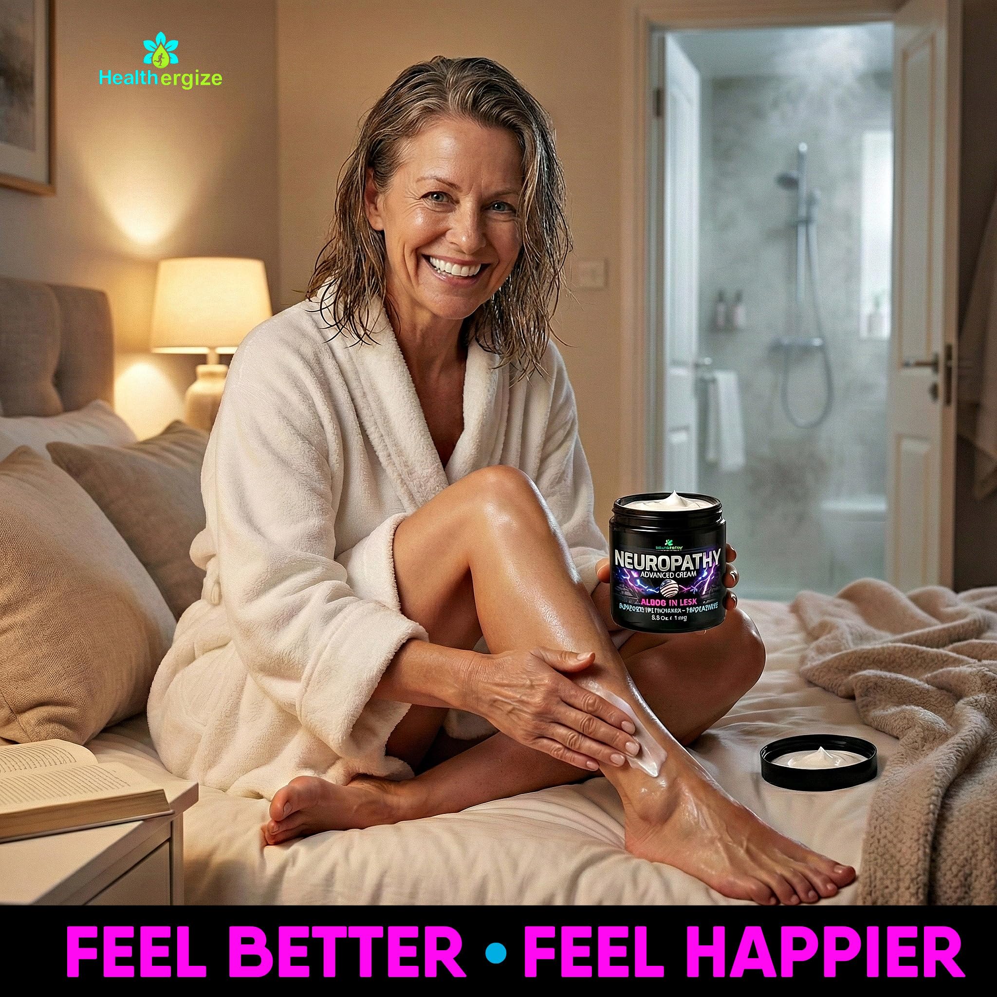 Healthergize Neuropathy Nerve Cream with hemp and turmeric, 5.5 oz, featuring a tube of cream for nerve pain relief.