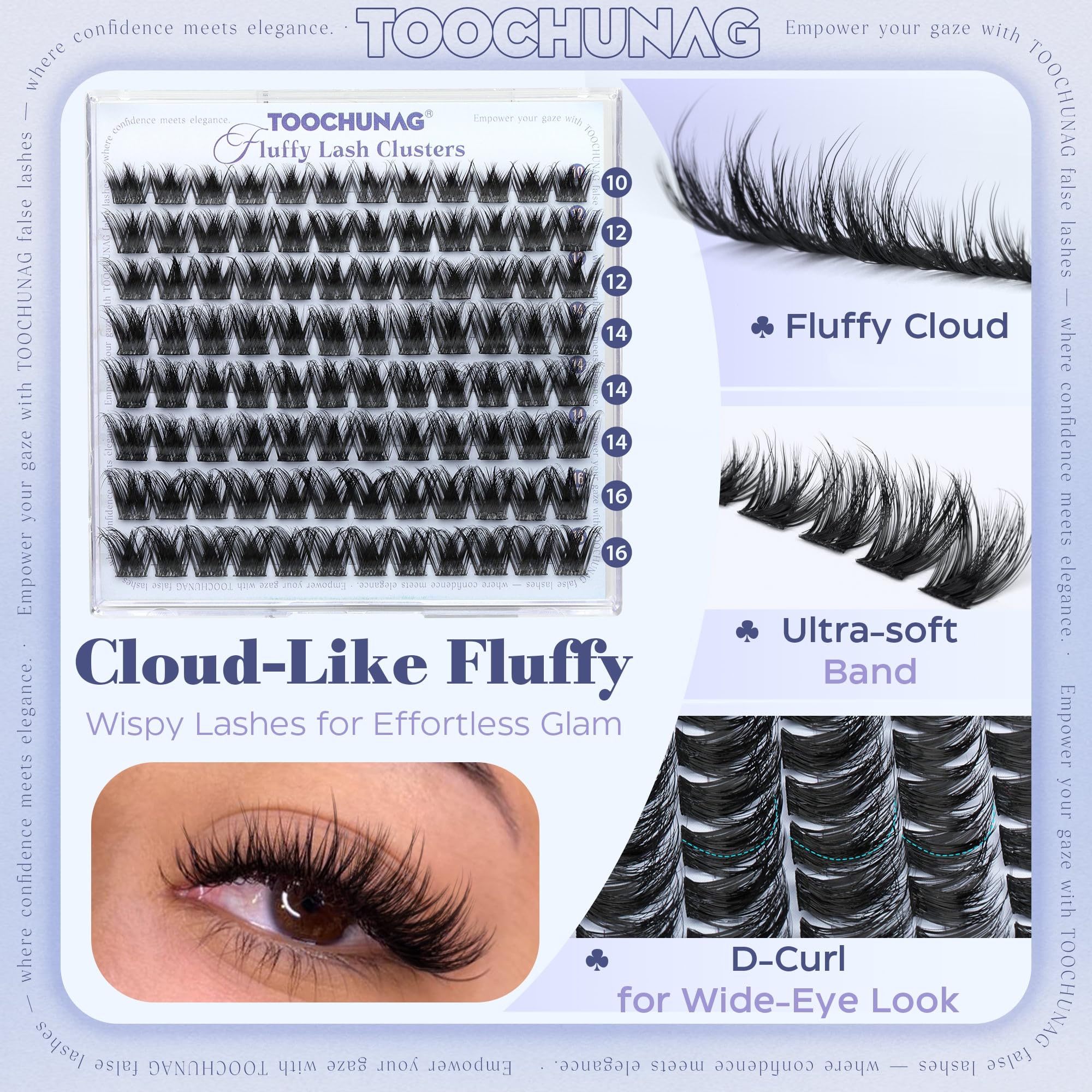 TOOCHUNAG Fluffy Wispy Lash Clusters D Curl false eyelashes in 10-16mm mixed lengths, natural dramatic lash look