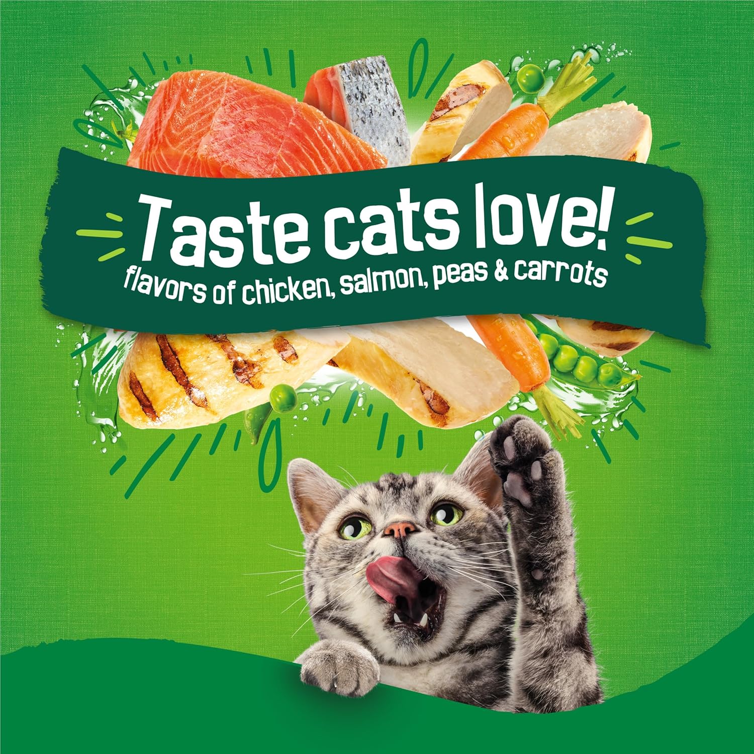 Bag of Friskies Dry Cat Food Indoor Delights with chicken, salmon, peas, and carrots in a 3.15 lb bag, pack of four.