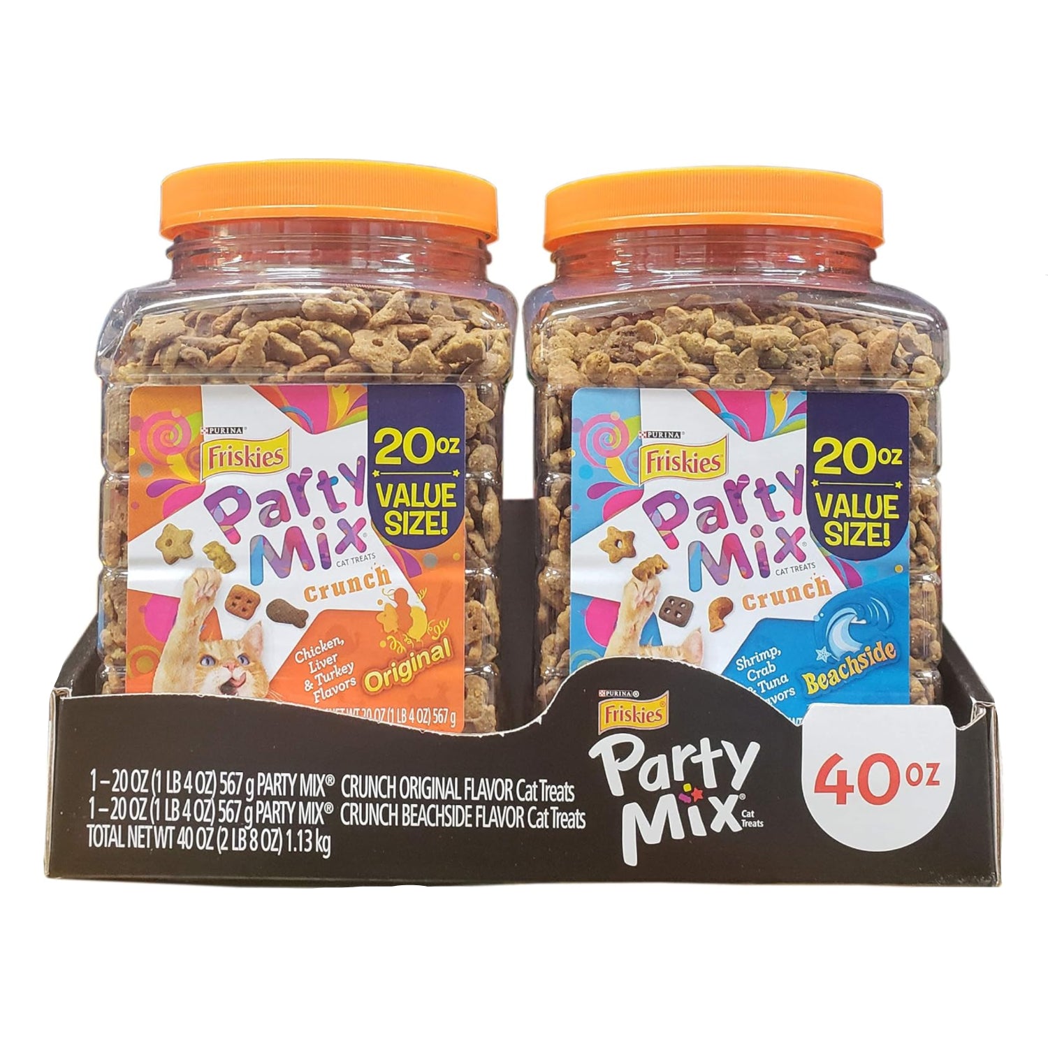 AONELAS Friskies Party Mix cat treat pack featuring two 20 oz bags of assorted snack treats for cats.