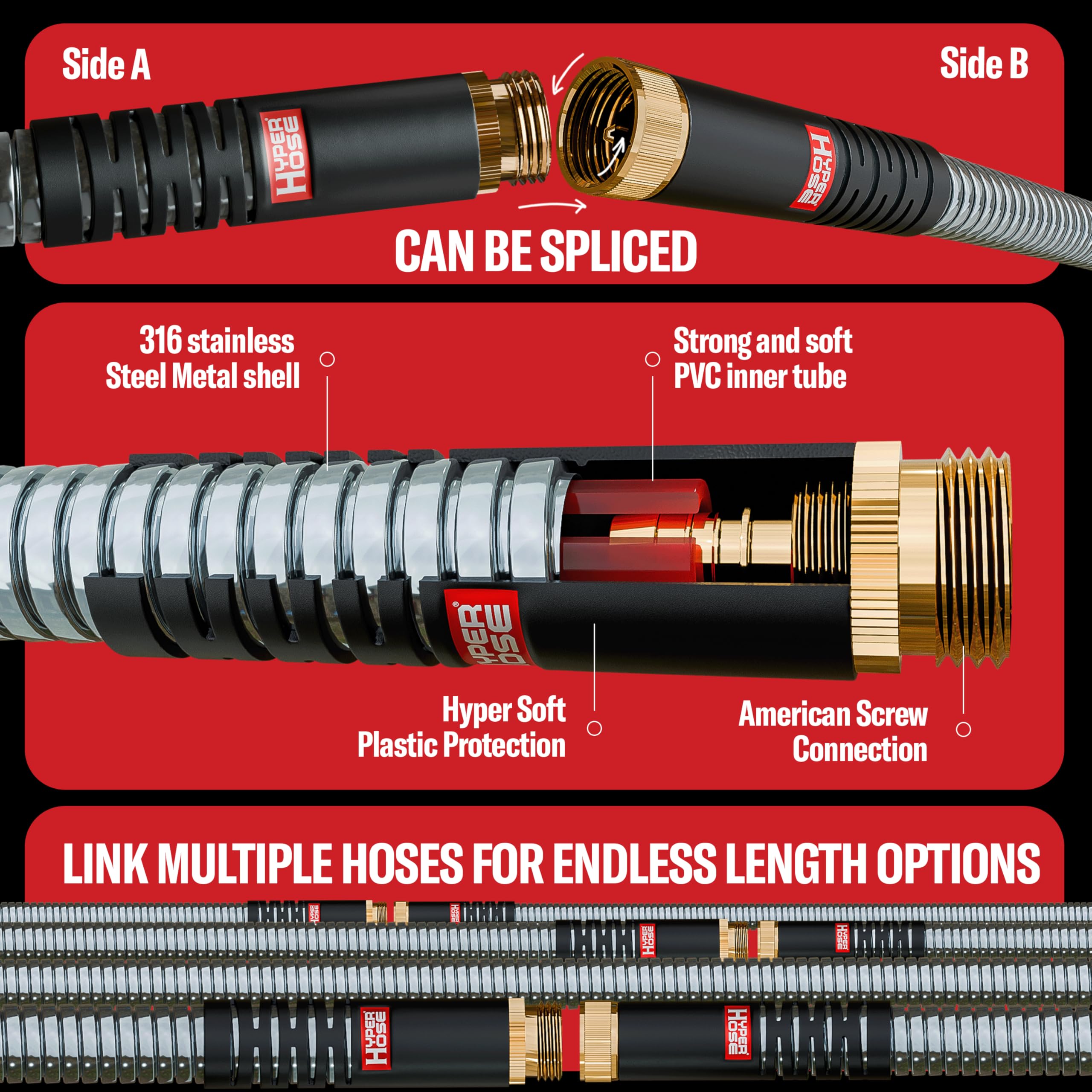 HYPER HOSE Best 100 ft Metal Garden Hose Set - No-Kink Durable 31 - HYPER HOSE Official Product View 5