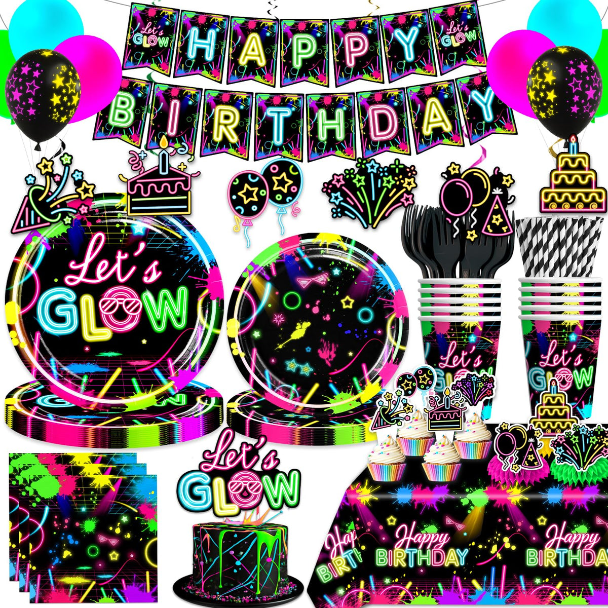 205pcs wellspar Neon Birthday Party Decorations Tableware - wellspar Official Imagery - 1