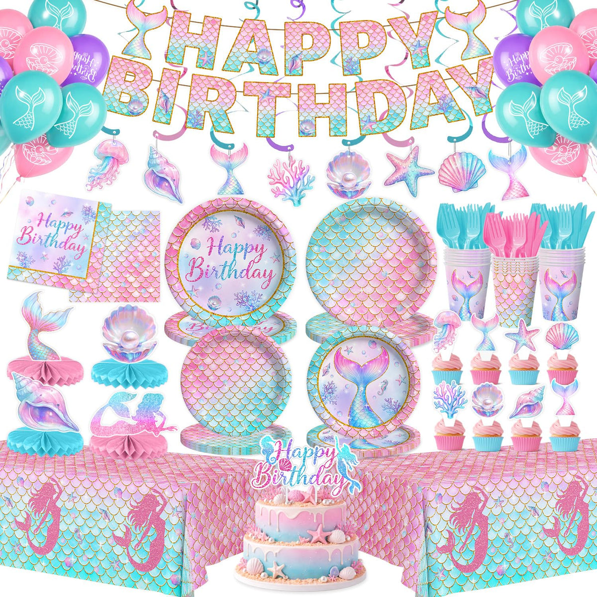 202 Pcs Mermaid Birthday Party Decorations Mermaid Party - Kinovo Official Imagery - 1