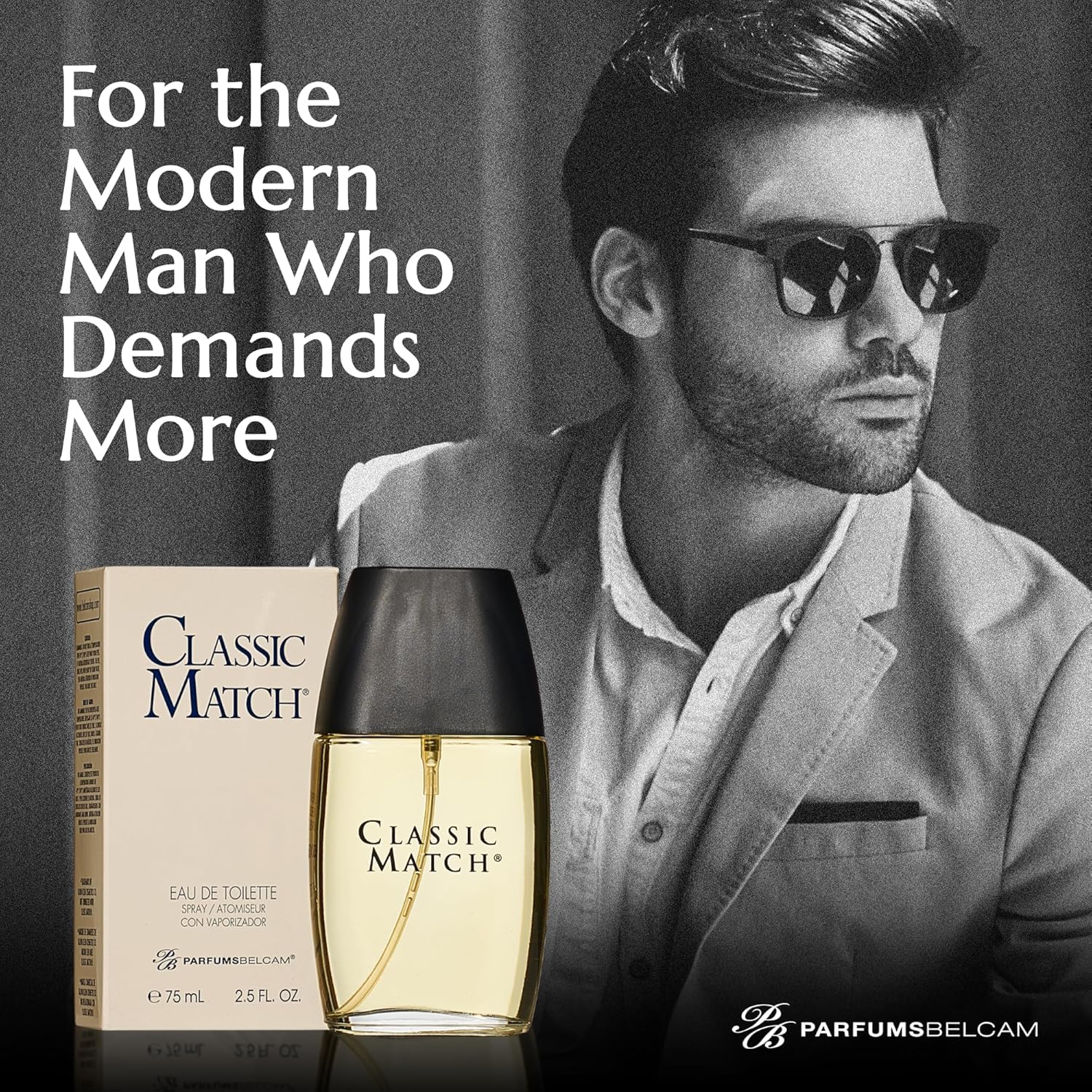 PB ParfumsBelcam Classic Match Eau de Toilette for Men, warm oriental scent in a spray bottle, featuring a sophisticated fragrance design.