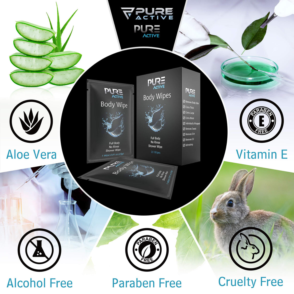 Shower Body Wipes 40 Individually Wrapped Personal Hygiene - Pure Active Official Imagery - 3