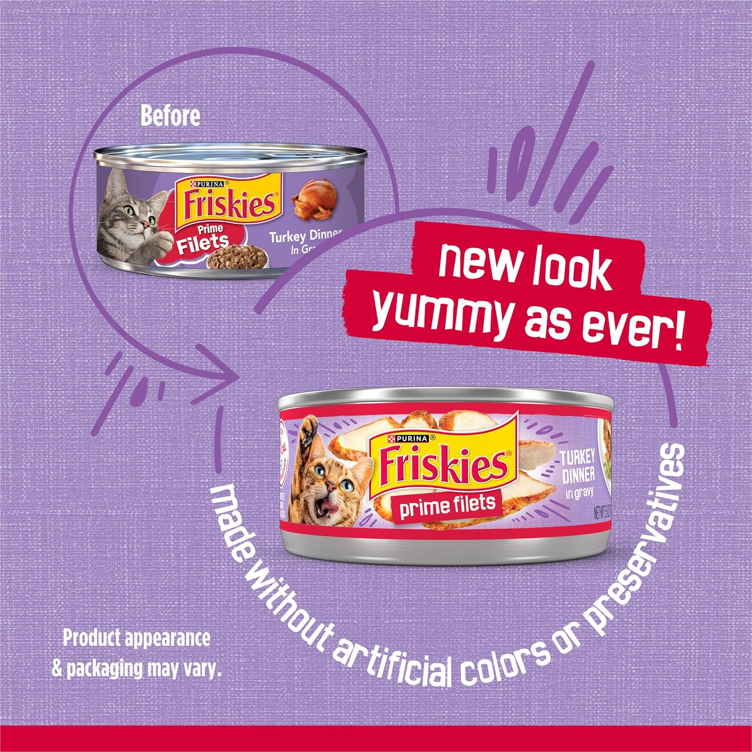 Cans of Purina Friskies Prime Filets Turkey Dinner wet cat food in gravy, 5.5 oz, pack of 24, featuring turkey fillets in savory gravy