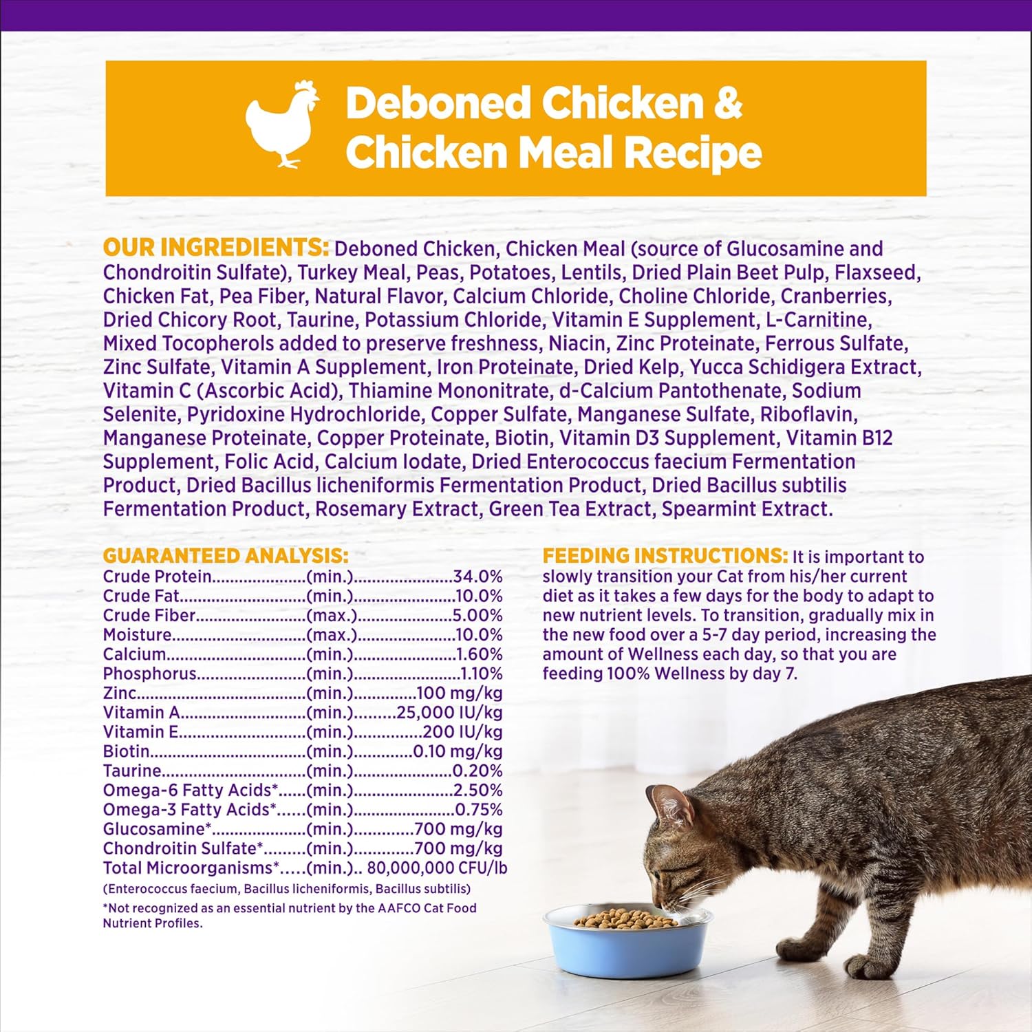 Wellness Complete Health adult dry cat food bag showing natural chicken and grain-free formula for indoor cats, 5.5 pounds