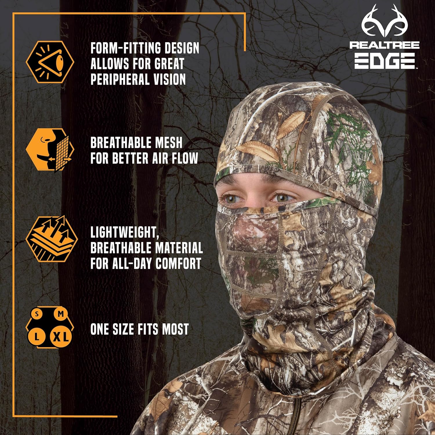 Allen Company Vanish Stretch Fit Camouflage Balaclava, Camo Hunting Face Cover showing snug fit and woodland camouflage pattern.