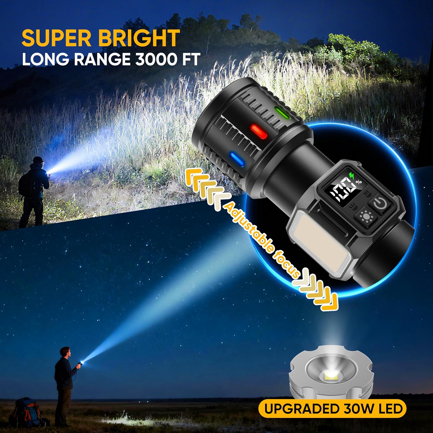 Lesusnicy rechargeable LED flashlight with high 100,000 lumens brightness, super bright beam, compact design, and durable construction.