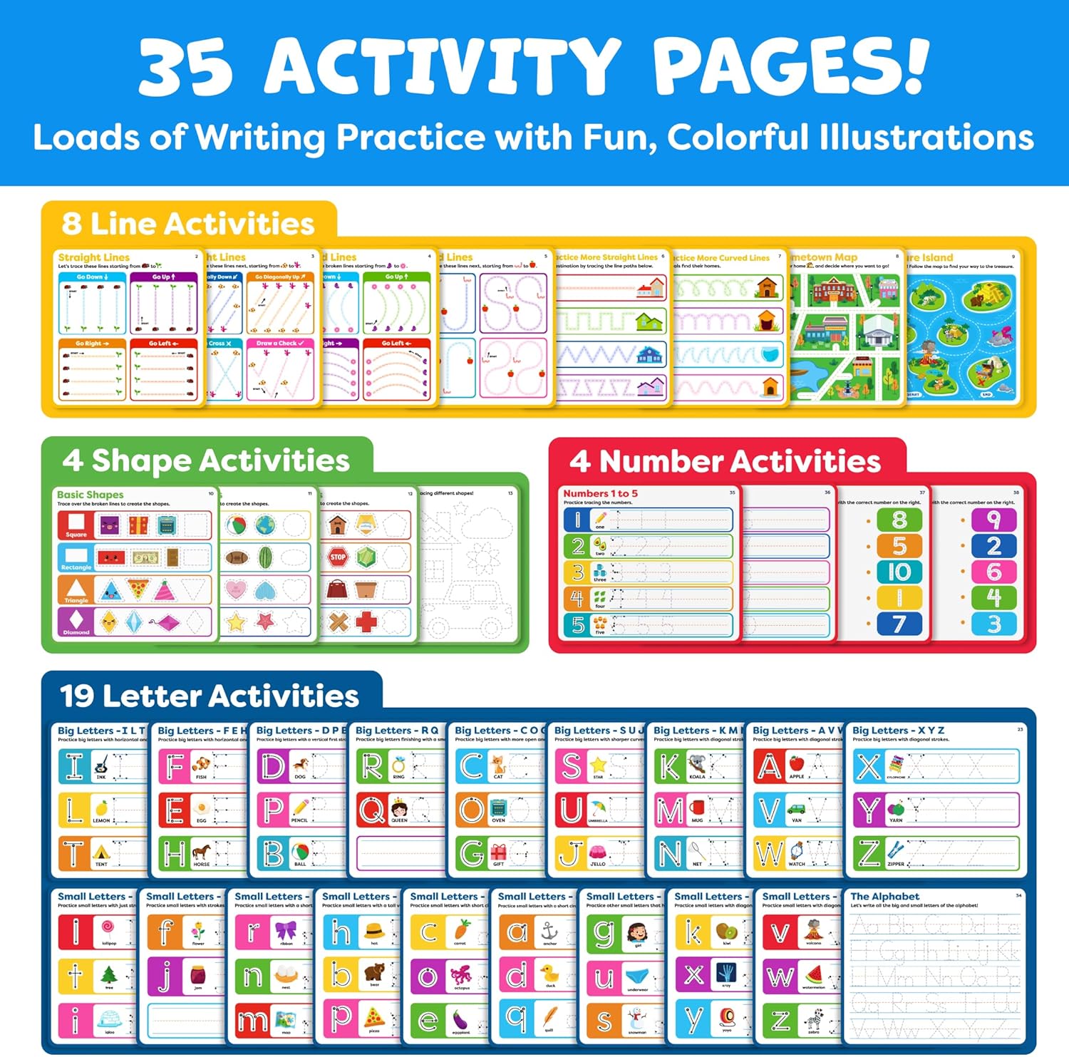 Colorful Momo & Nashi preschool letter tracing book for kids ages 3-5, featuring engaging activities for early learning.