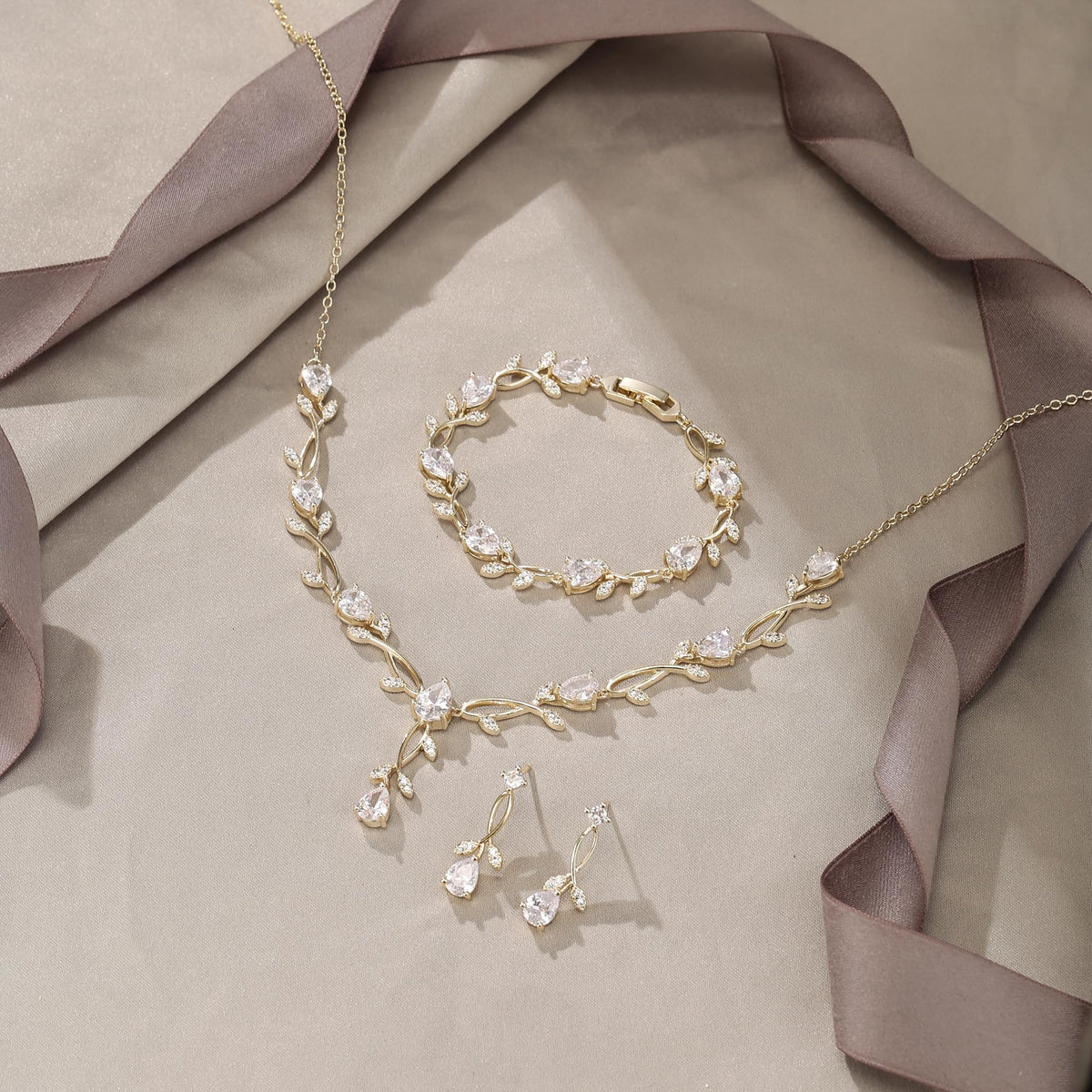 EVER FAITH Cubic Zirconia Pearl Leaf Bridal Jewelry Set for - EVER FAITH Official Imagery - 5
