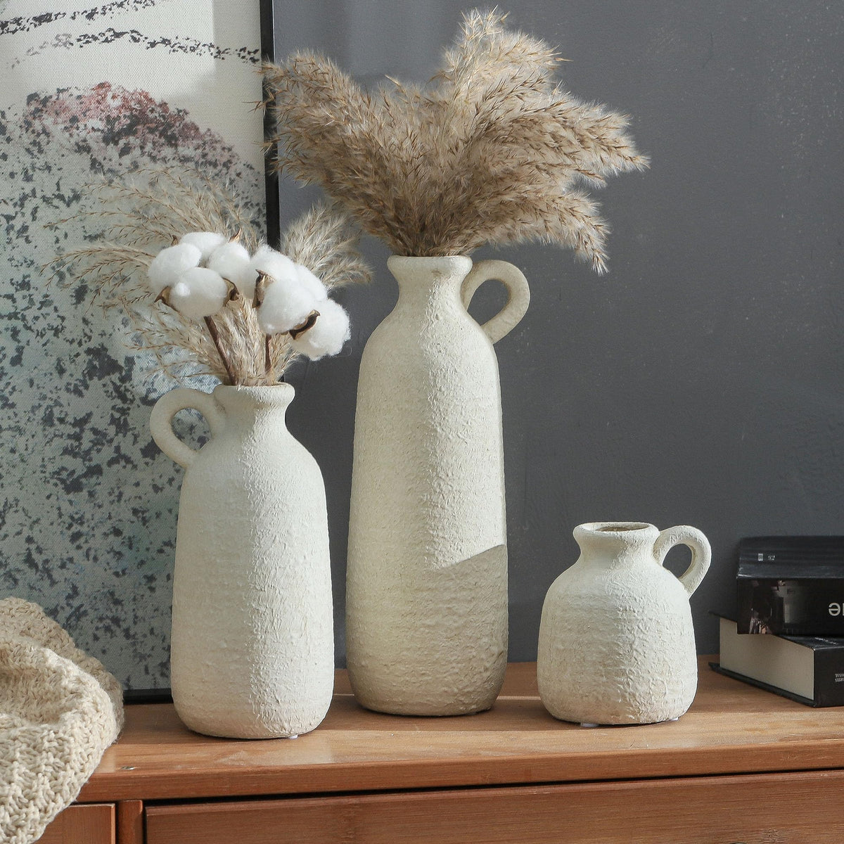 Ceramic Vase Set of 3 with Handle Neutral Rustic Vases Home - ooit Official Imagery - 8