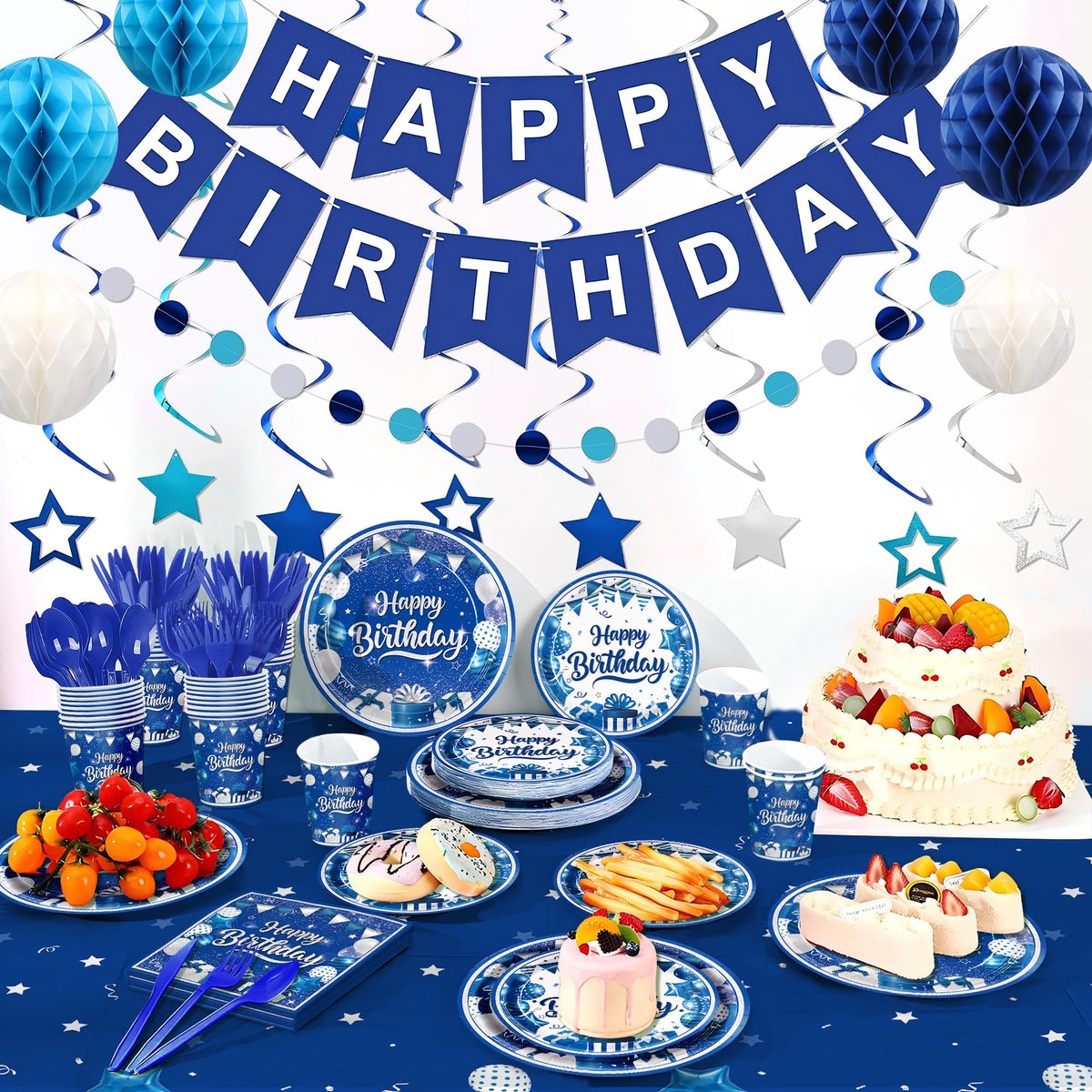 185pcs Happy Birthday Decorations Blue and Silver Plates - JVORFDG Official Imagery - 8