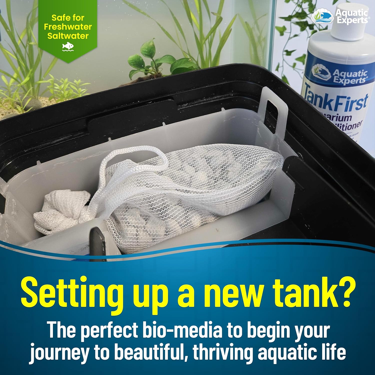 Aquatic Experts AquaMaze aquarium bio media in 500 mL container, suitable for freshwater and saltwater tanks, shown in image.