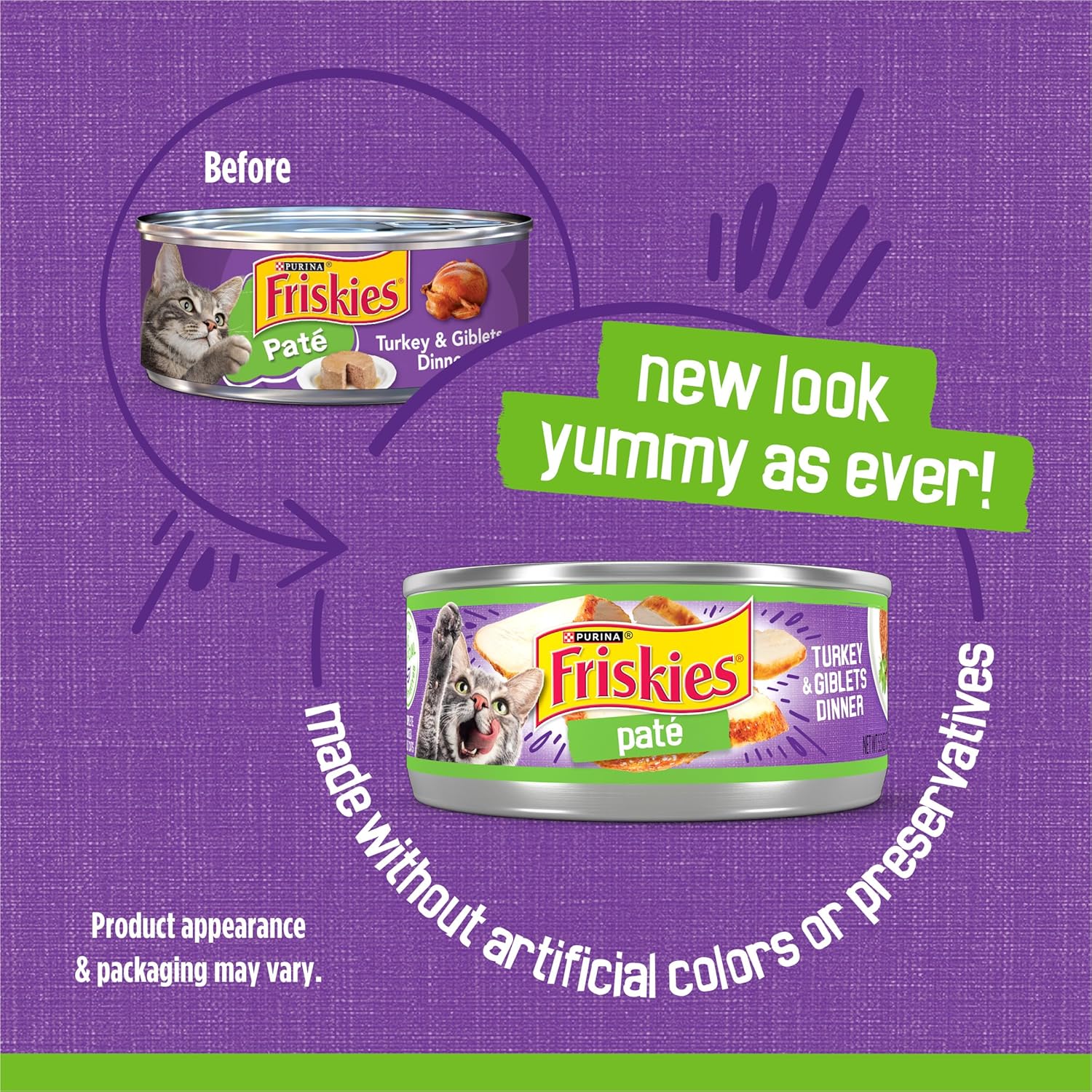 Cans of Purina Friskies Wet Cat Food Pate Turkey and Giblets Dinner, 5.5 oz, pack of 24, with images of cat food and turkey.