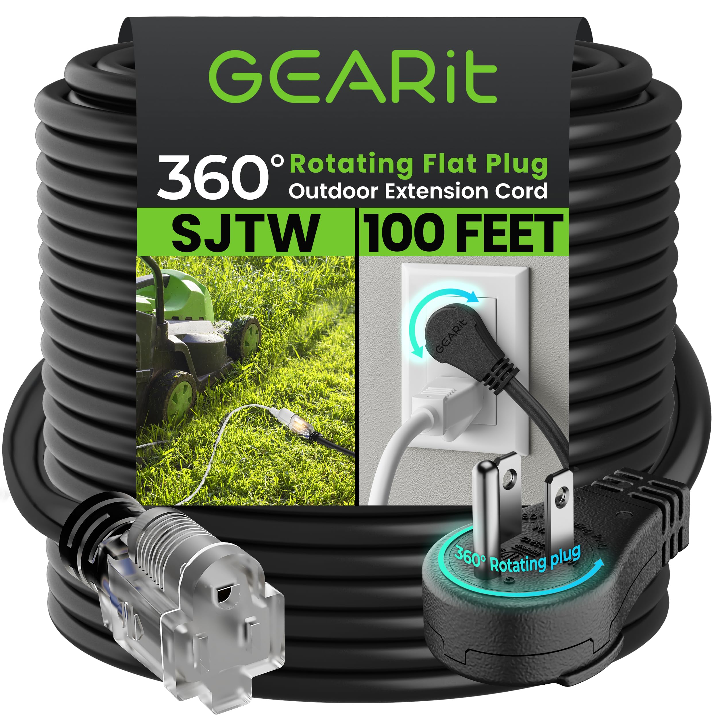 GEARit 100 ft Outdoor Extension Cord 16/3 Gauge SJTW 16 AWG, 3-Pr - GEARit Official Product View 1