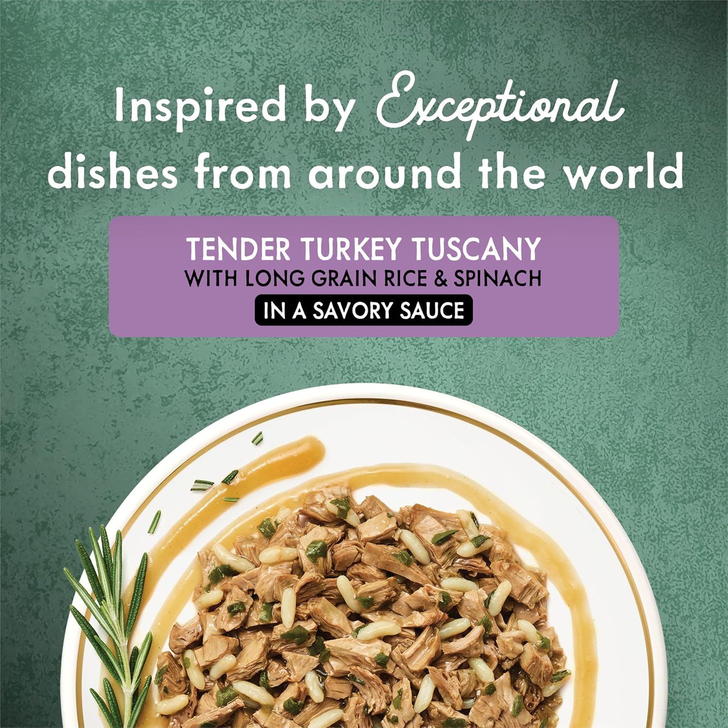 Canned Fancy Feast Medleys Tender Turkey Tuscany cat food with long grain rice, 3 oz. can, pack of 24, in a colorful food image.