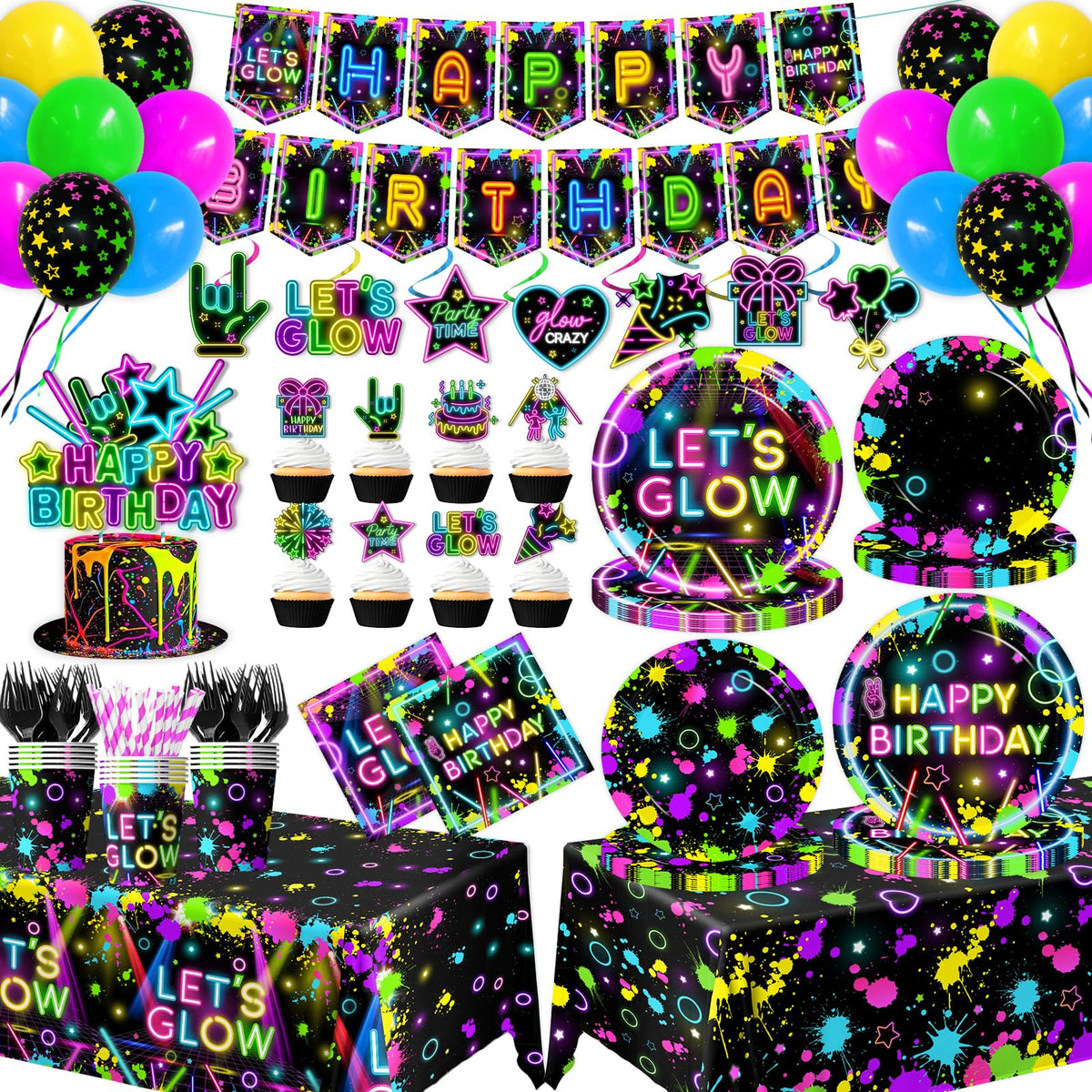 Neon Party Supplies Serves 24 Glow in The Dark Themed - HAKOTI Official Imagery - 2