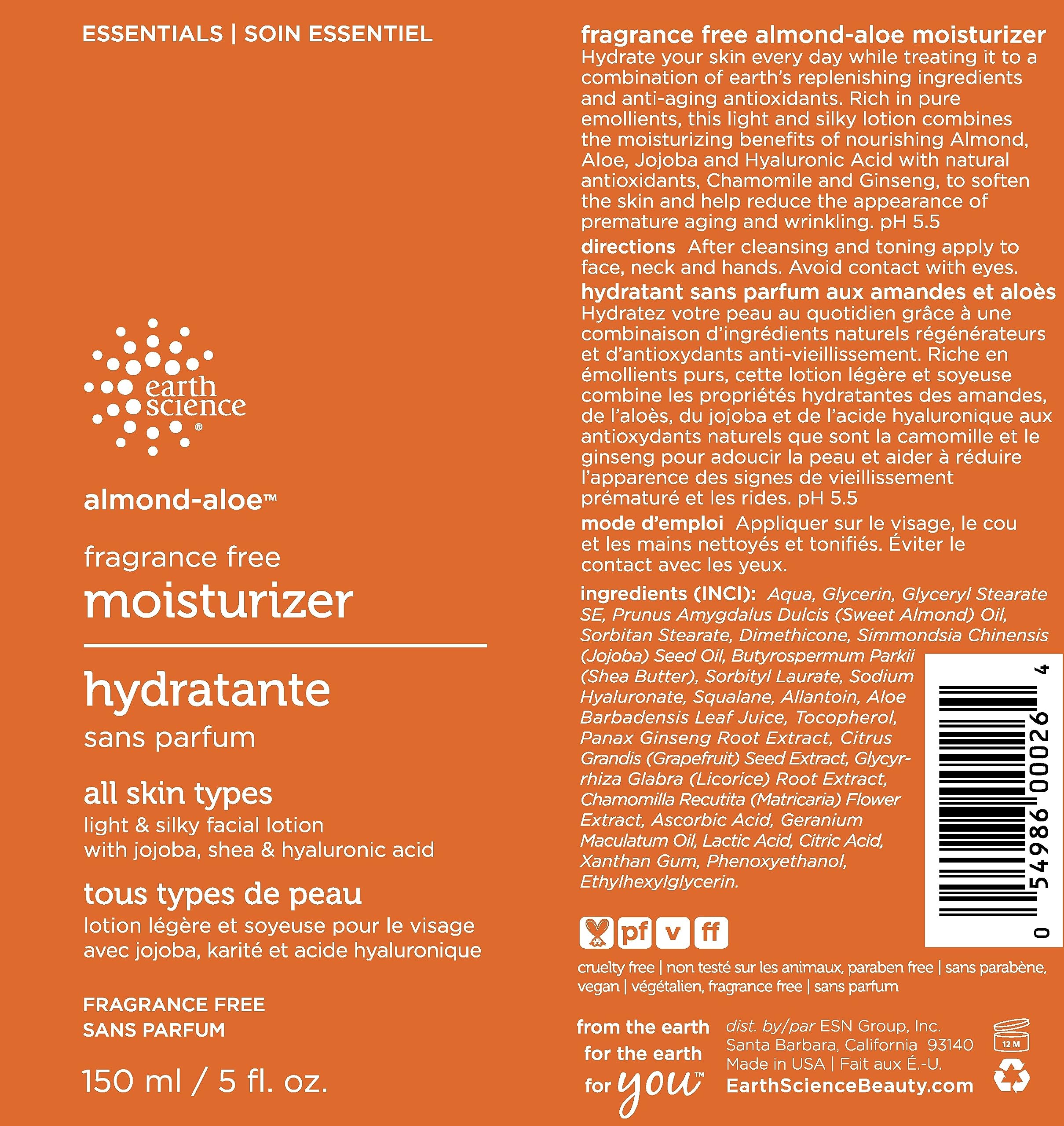 EARTH SCIENCE Almond Aloe Fragrance Free Facial Moisturizer, 150 ML