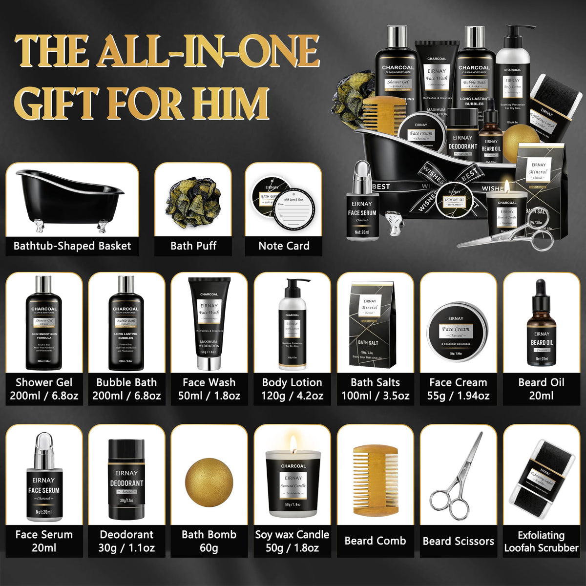 Spa Gifts for Men Charcoal Bath and Beard Grooming Kit - EIRNAY Official Imagery - 3