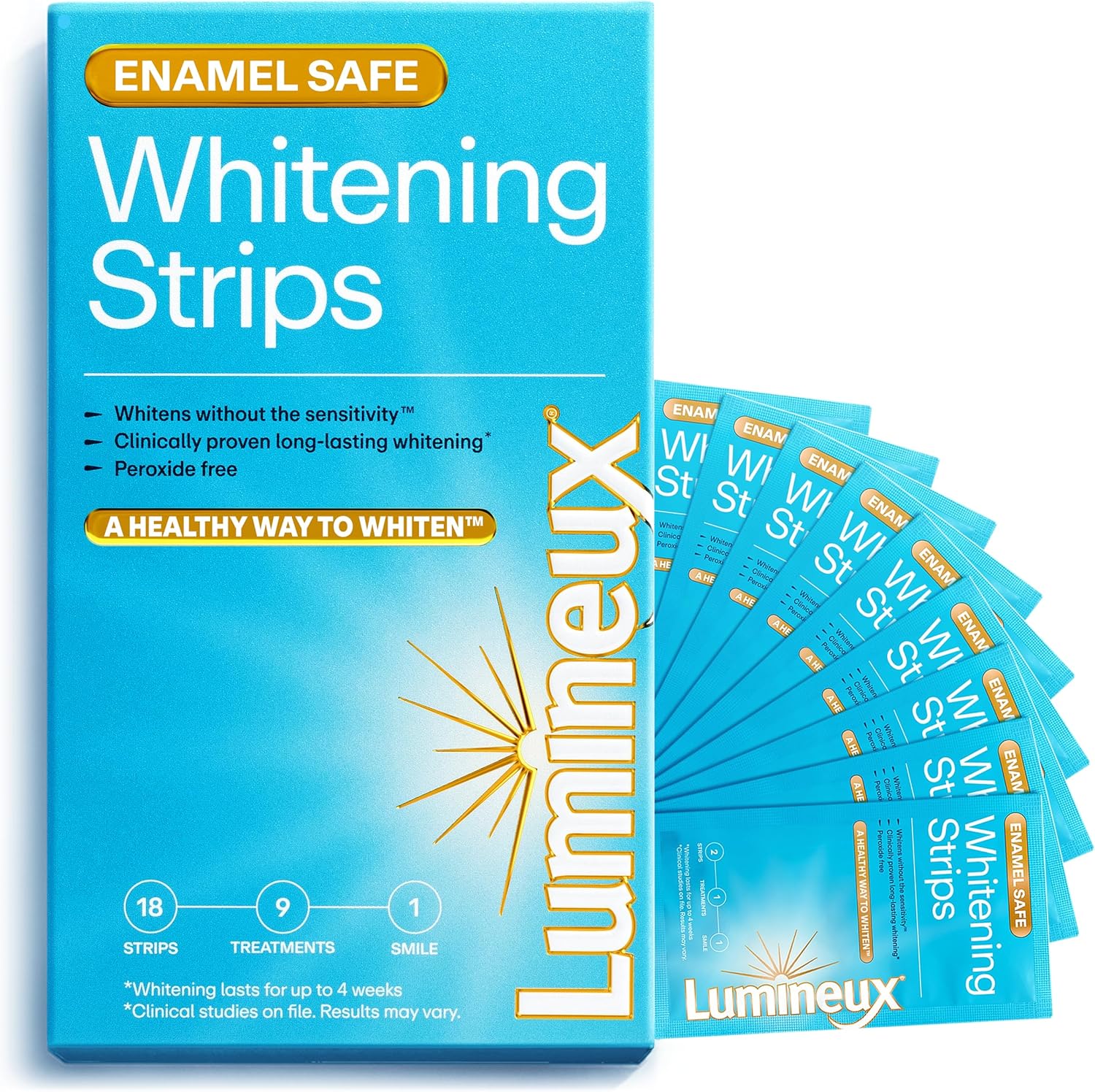 Lumineux teeth whitening strips with 21 treatments, peroxide-free, showing the strips and packaging for at-home teeth whitening.