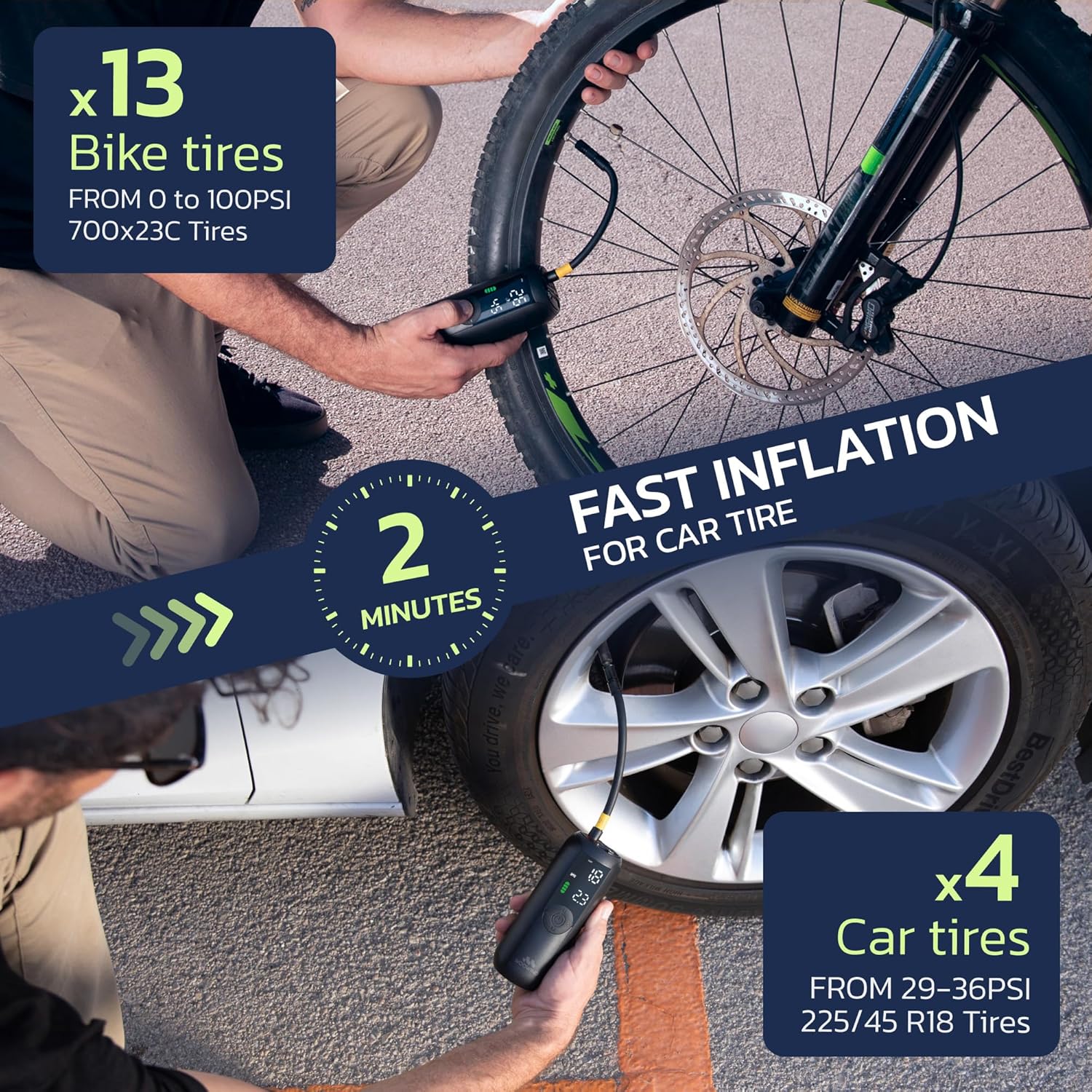 Woowind LP1 portable bike pump and air compressor with tire inflator for car, compact and lightweight for easy use.