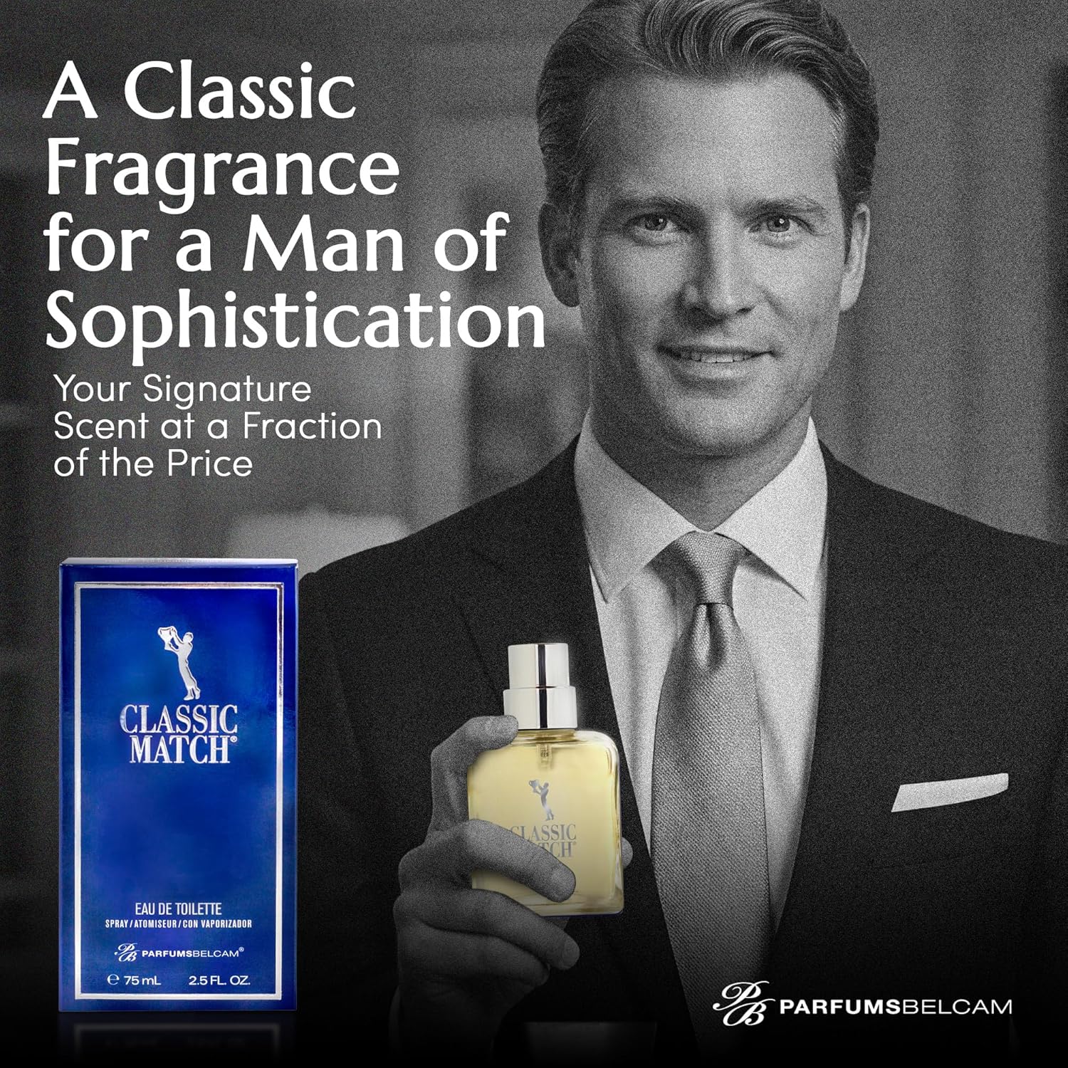 PB ParfumsBelcam Blue Classic Match Eau de Toilette spray for men, featuring a sleek blue bottle with a silver cap.