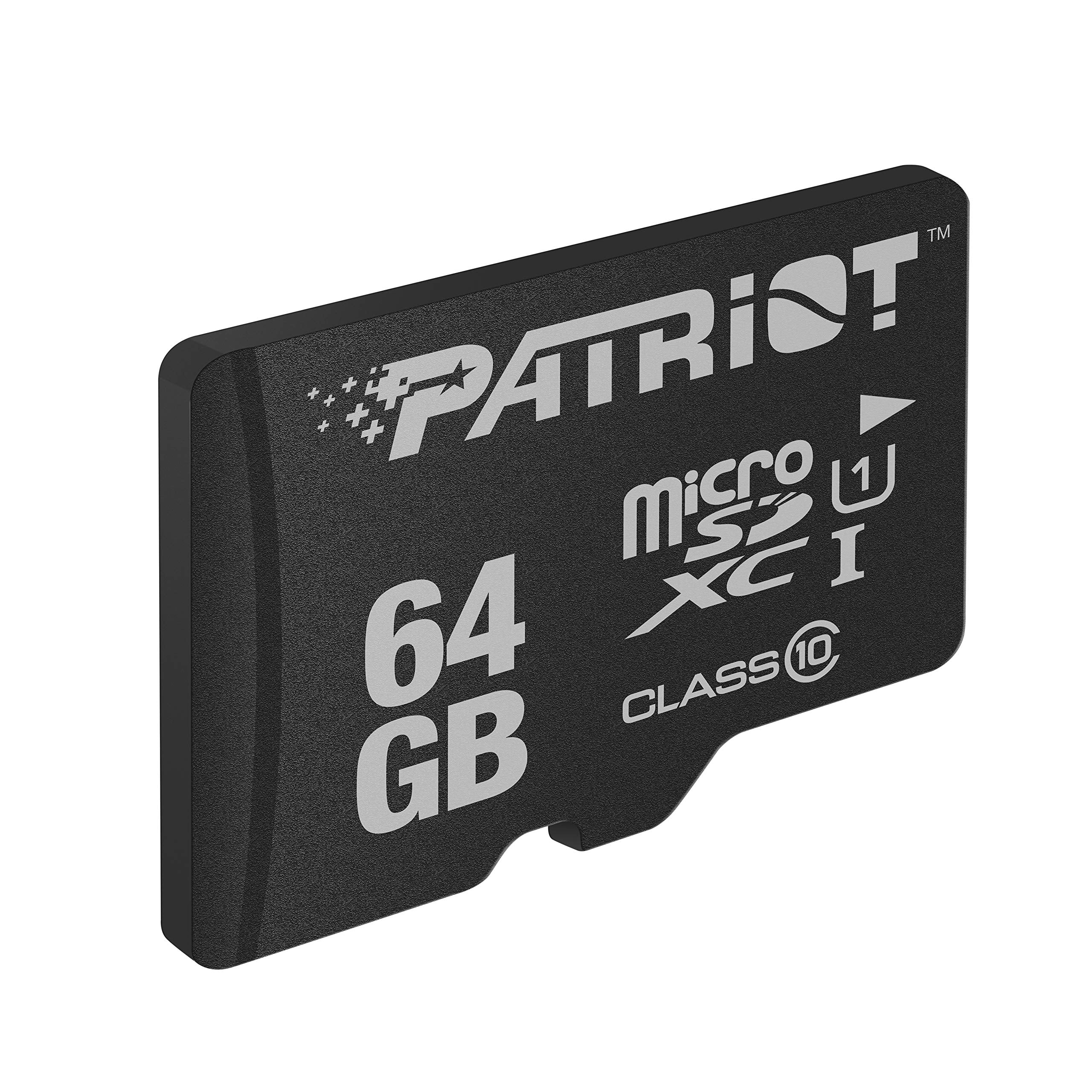 Patriot LX Series 64GB micro SD flash memory card showing the front with brand logo and storage capacity.