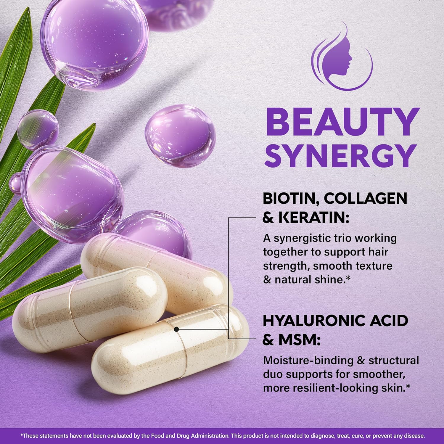 NUTRAHARMONY biotin, collagen, hyaluronic acid, and keratin supplement for healthy hair growth, in a bottle of 180 capsules