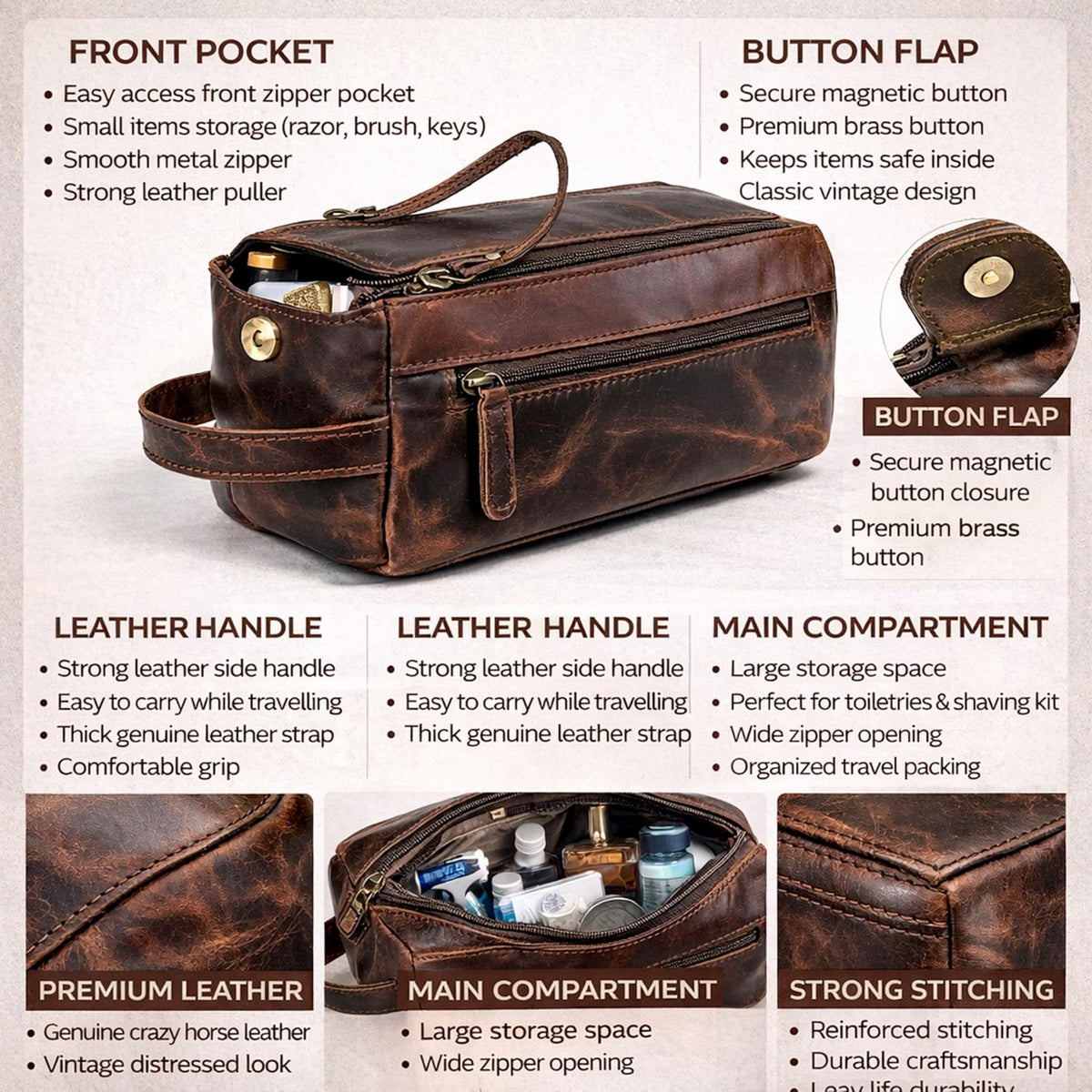 cuero Genuine Buffalo Leather Unisex Toiletry Bag Travel - cuero Official Imagery - 4