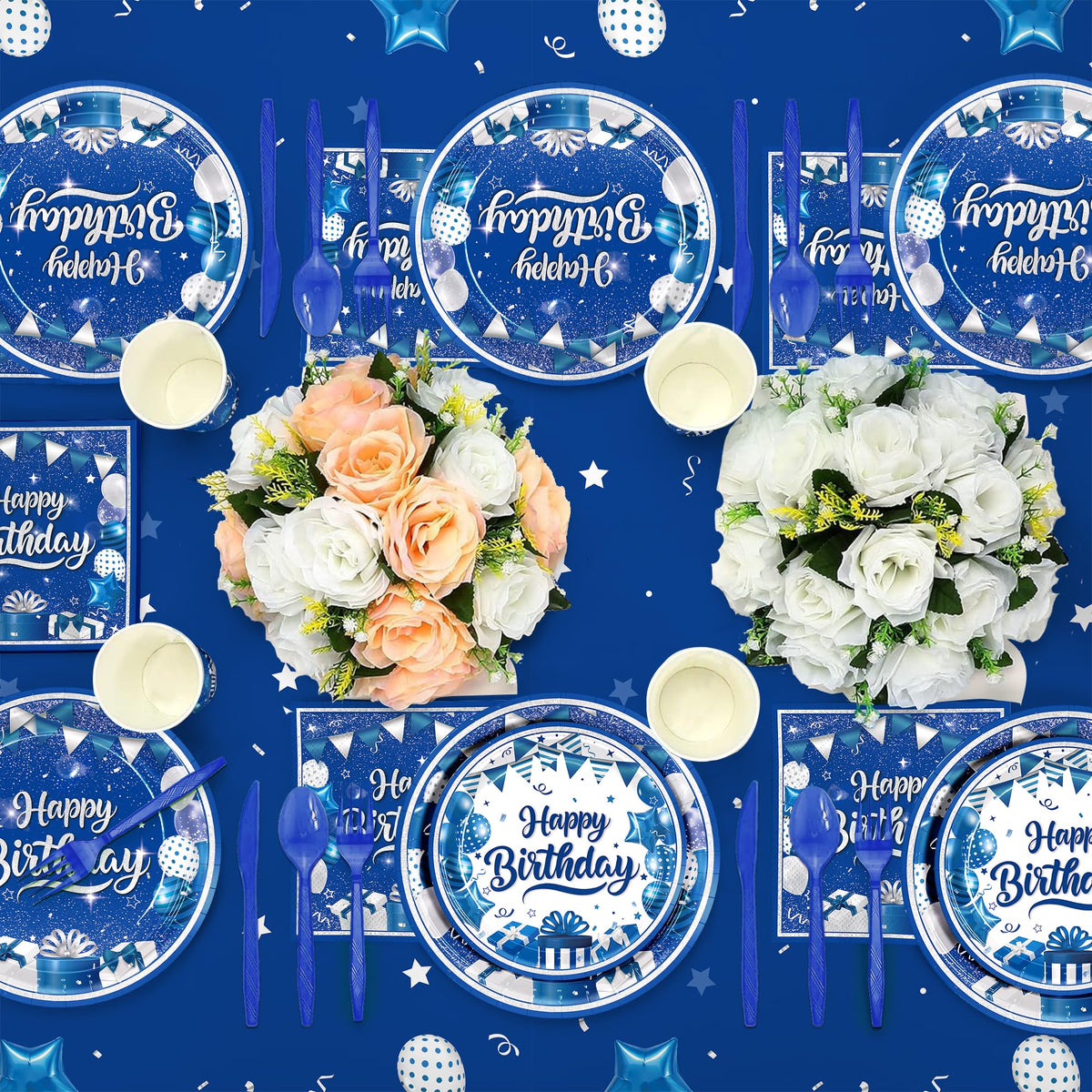 185pcs Happy Birthday Decorations Blue and Silver Plates - JVORFDG Official Imagery - 6