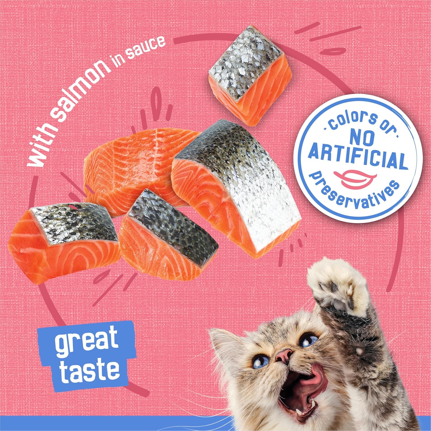 Cans of Purina Friskies Shreds with Salmon in Sauce wet cat food, 5.5 oz, pack of 24, showing salmon shredded in sauce
