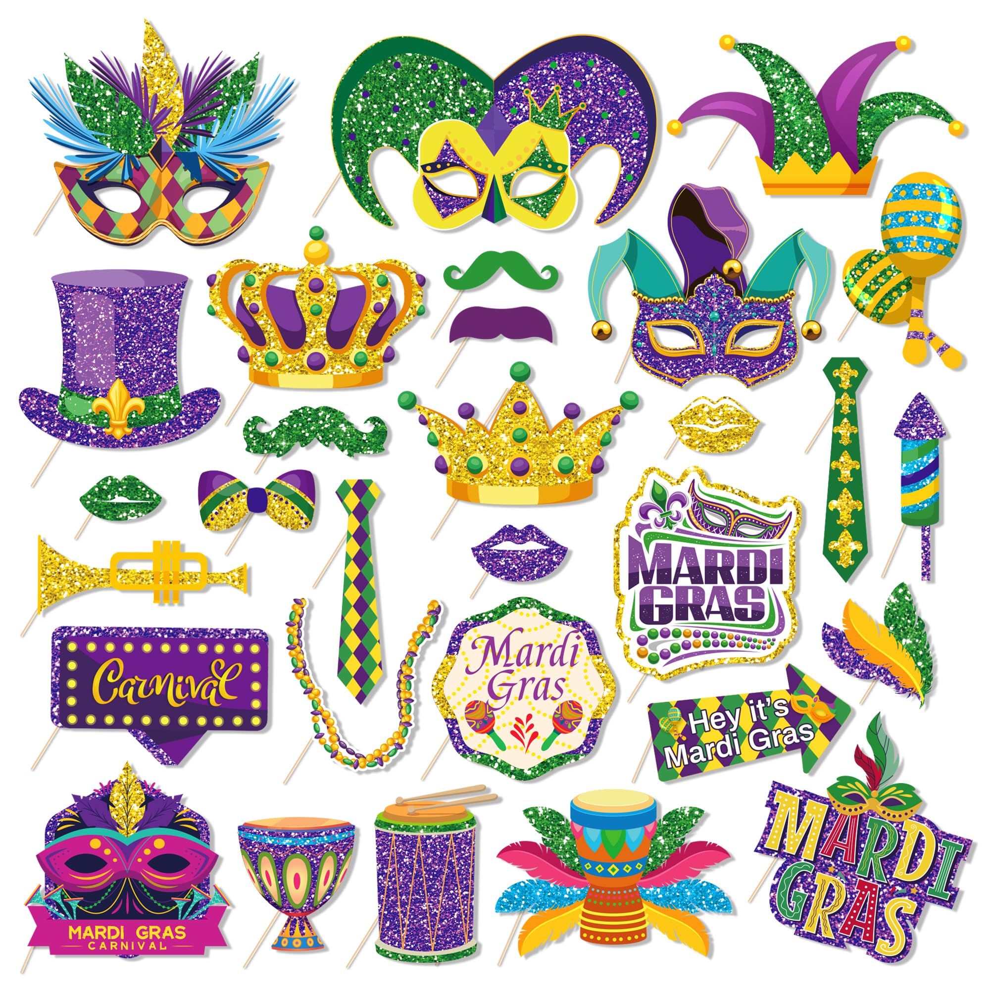 SWYOUN 30PCS Mardi Gras Photo Booth Props Party Favor Kit - Product Imagery