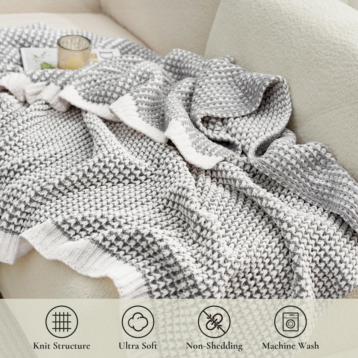 Am lie Home Chenille Knit Throw Blanket for Bed Decor Gray - Amélie Home Official Imagery - 5
