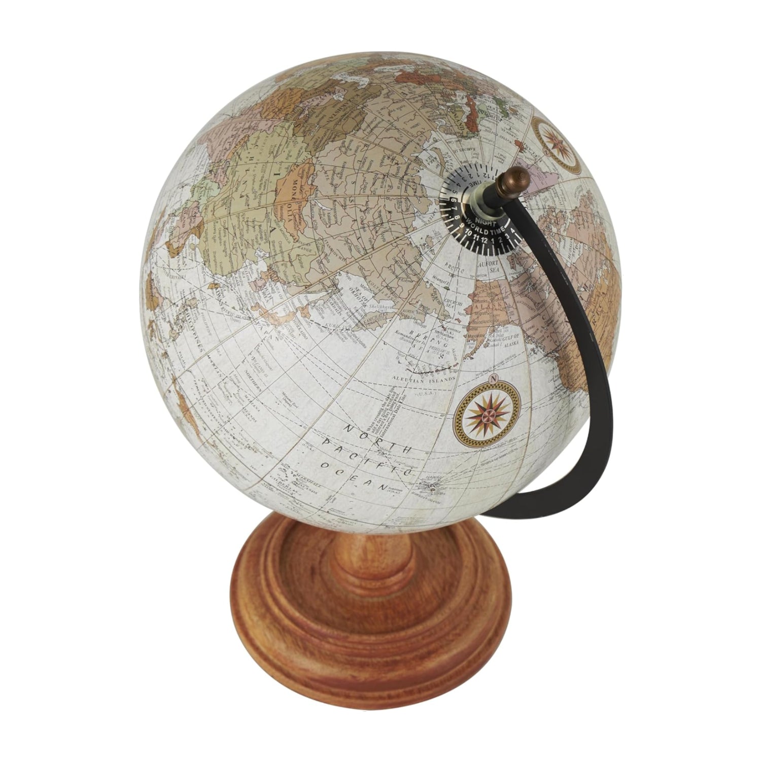 Decorative Mango Wood Globe by Elefair with wood base, brown finish, 9x8x13 inches, showcasing detailed world map design
