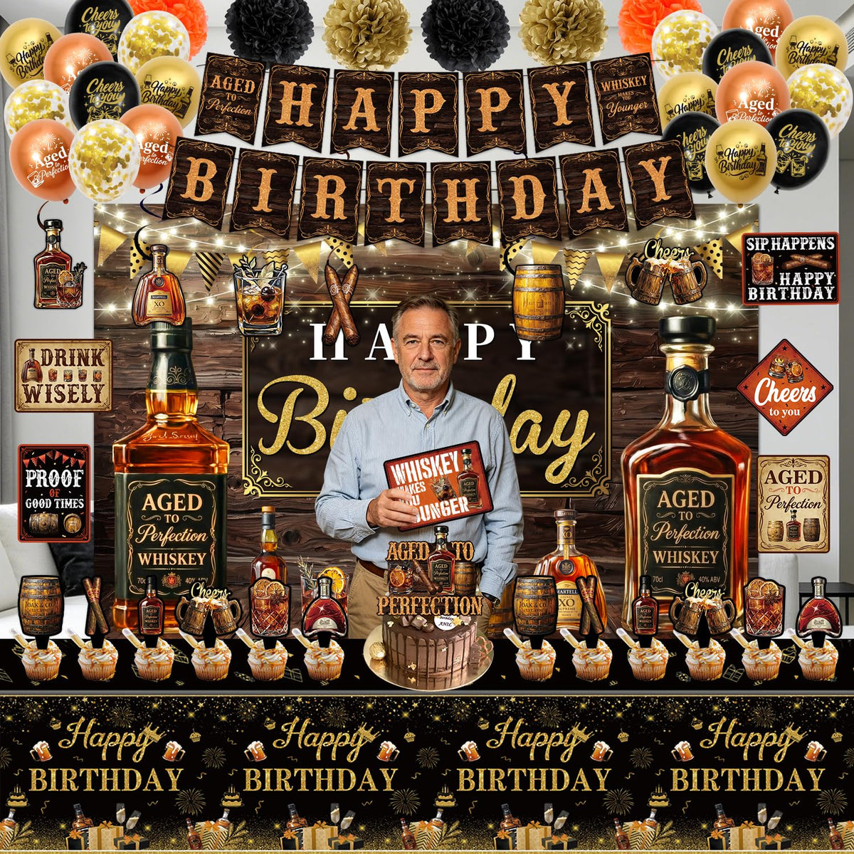 Whiskey Birthday Decorations for Men Aged to Perfection - Mpanwen Official Imagery - 3