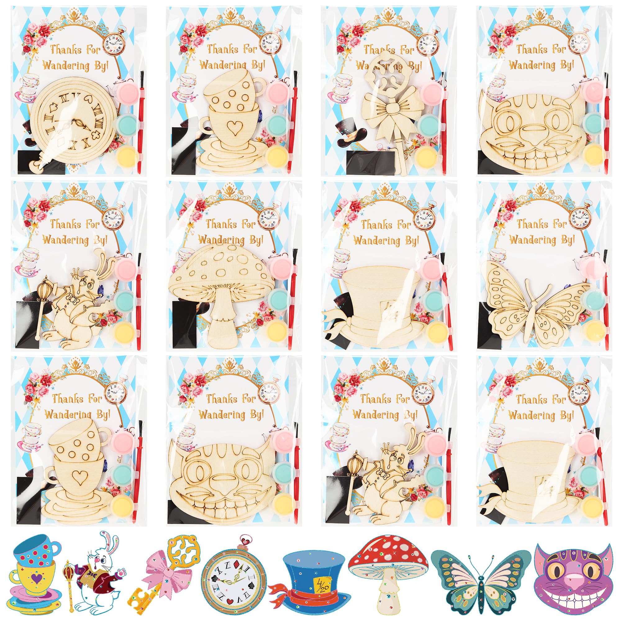 24 Pcs Alice Party Favors, DIY Wooden Painting Crafts Kit with - Product Imagery