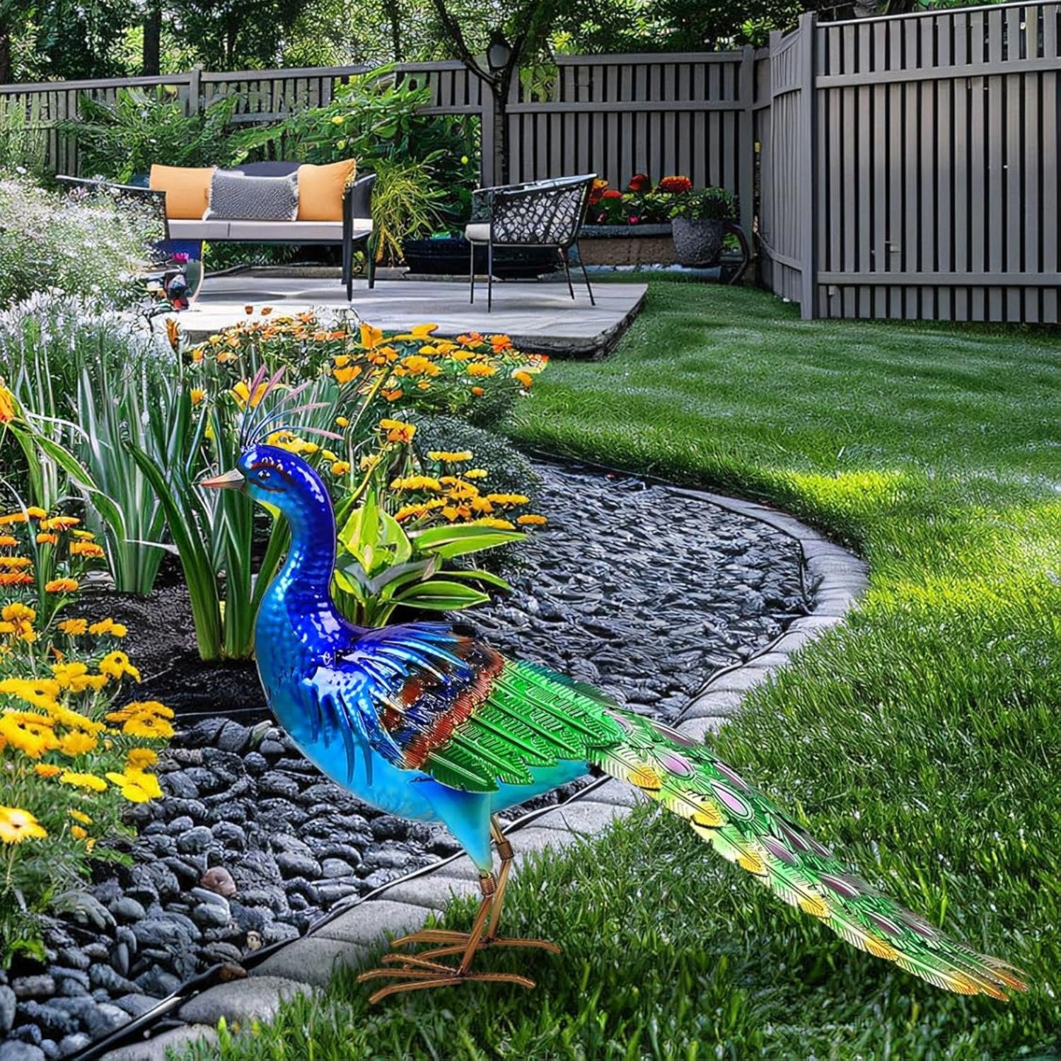 YEAHOME large metal peacock garden decor statue standing 24.4 inches tall, outdoor decorative garden sculpture
