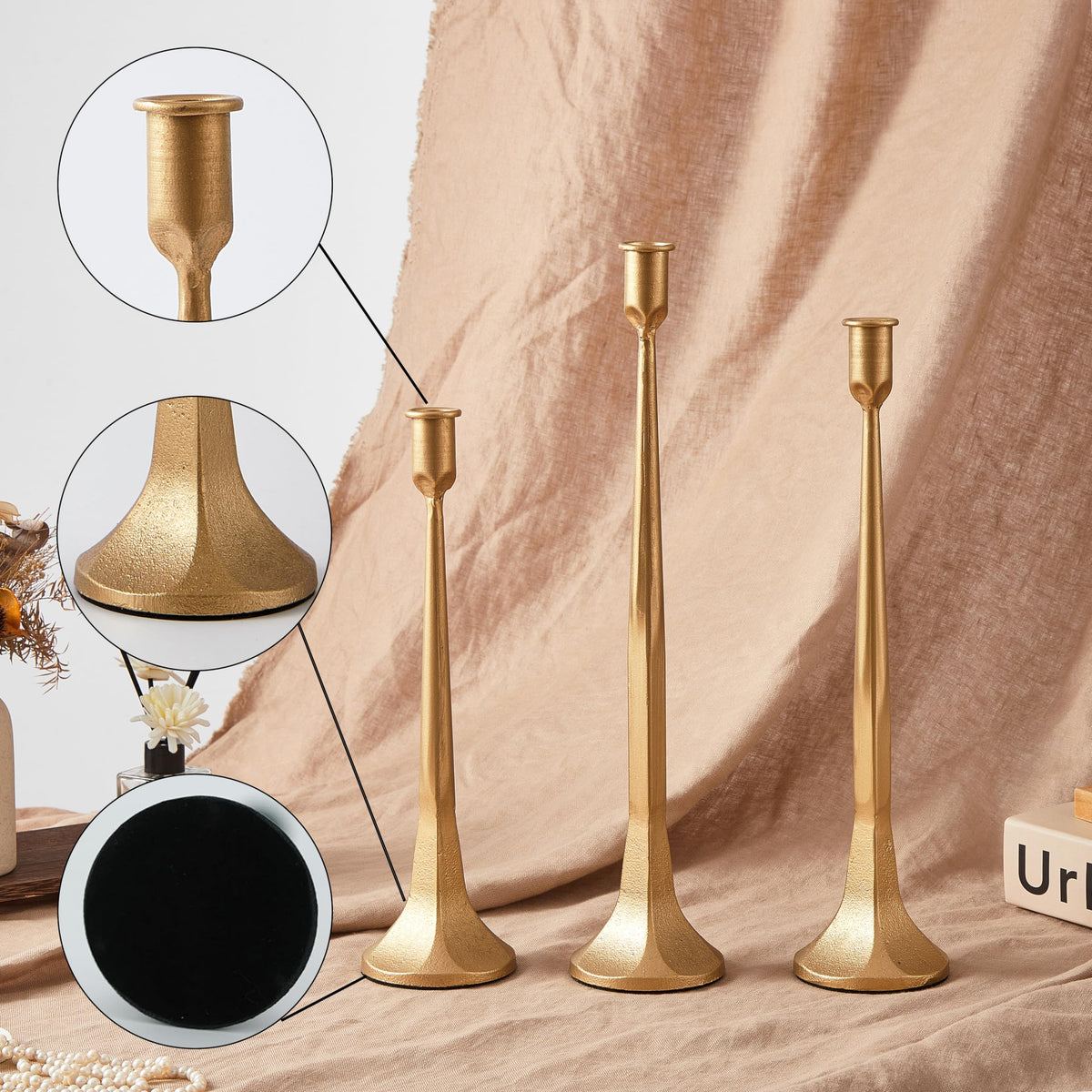 Iron Taper Candle Holder Set of 3 Gold Candlestick Holders - Denique Official Imagery - 7
