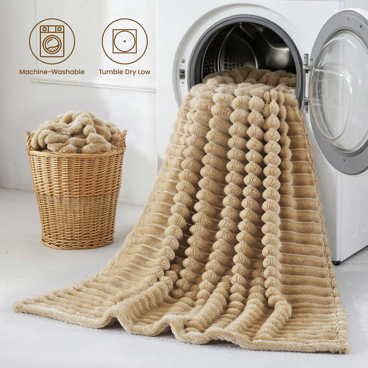 Taliska Ribbed Fleece Throw Blanket for Couch Bed Khaki 60 - Taliska Official Imagery - 7