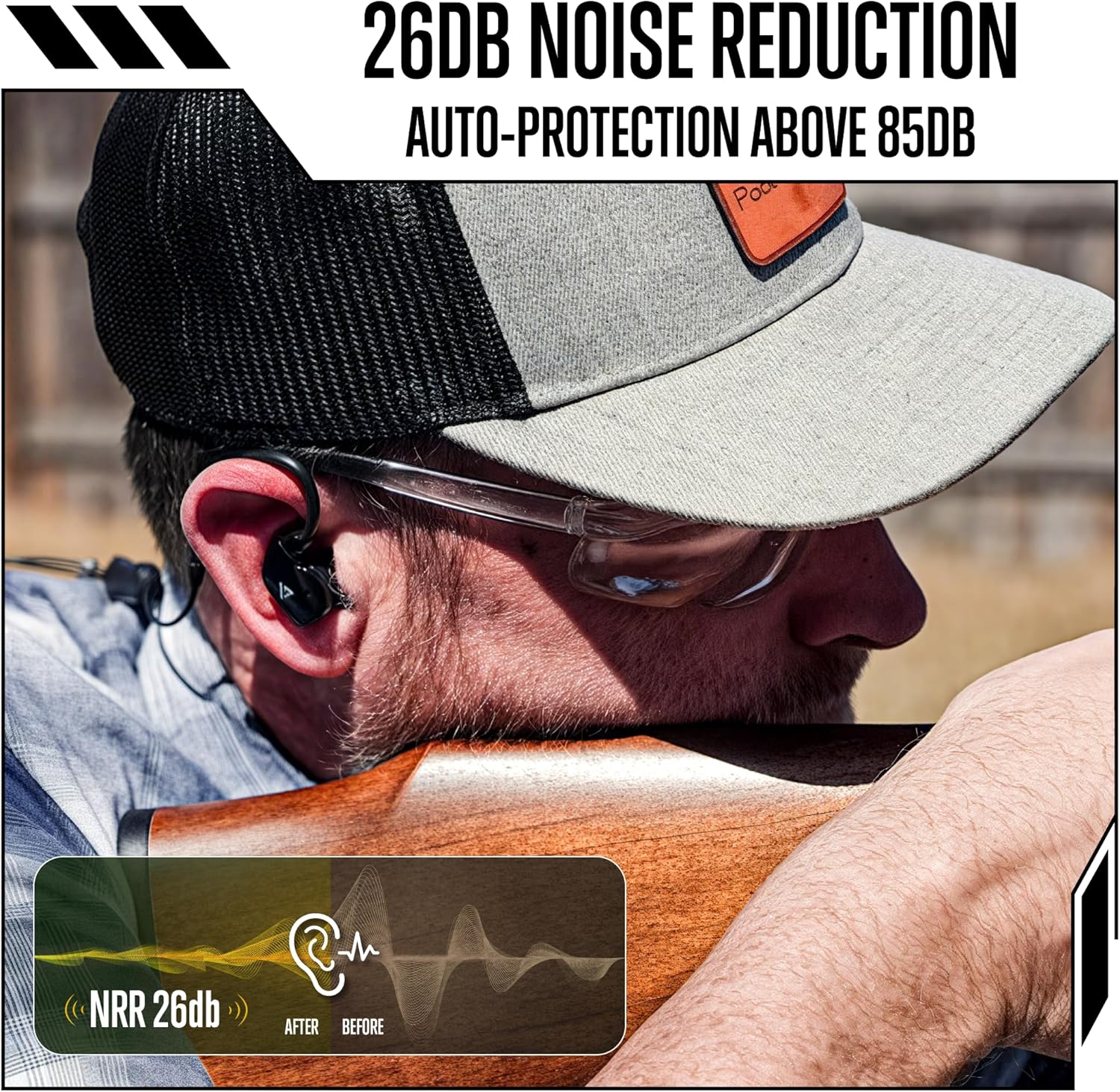 GLORYFIRE Bluetooth shooting ear protection earplugs in matte black with built-in earbuds for hearing safety and wireless audio.