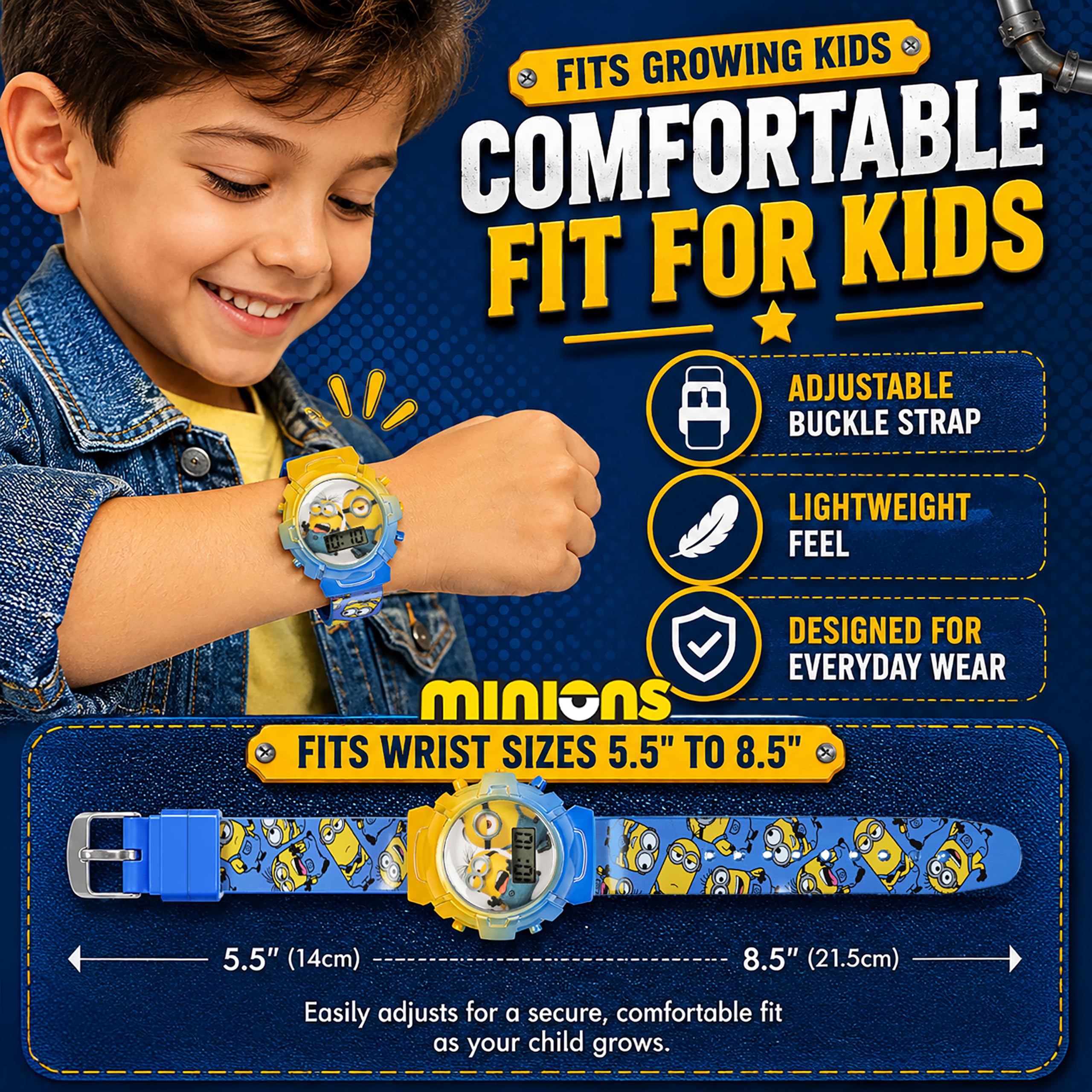 Accutime Minions Kids Watch – Flashing Dial Lights, LCD Display, Adjus - View 5