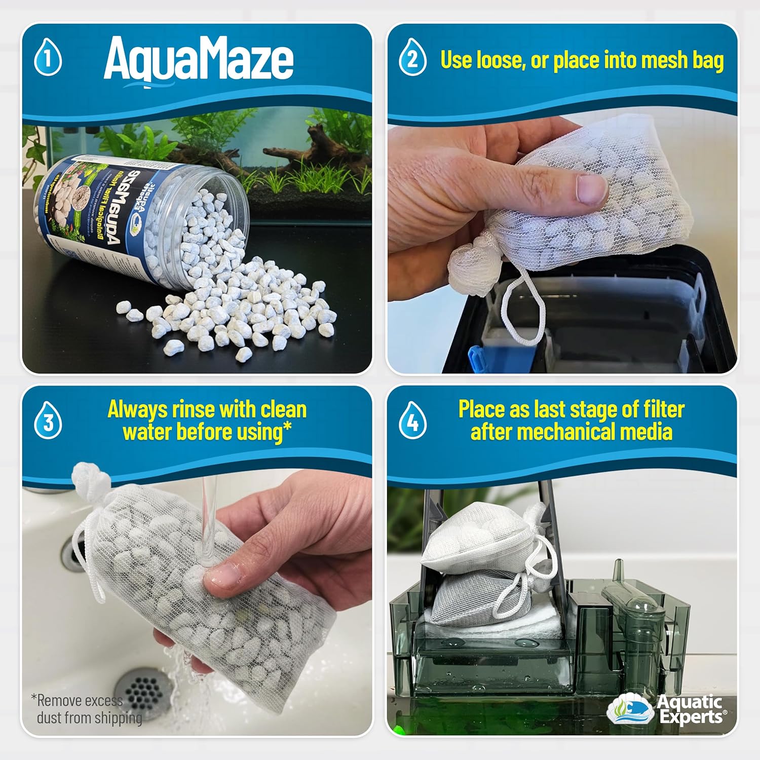 Aquatic Experts AquaMaze aquarium bio media 500 mL for freshwater and saltwater tanks, showing porous ceramic media for biological filtration.