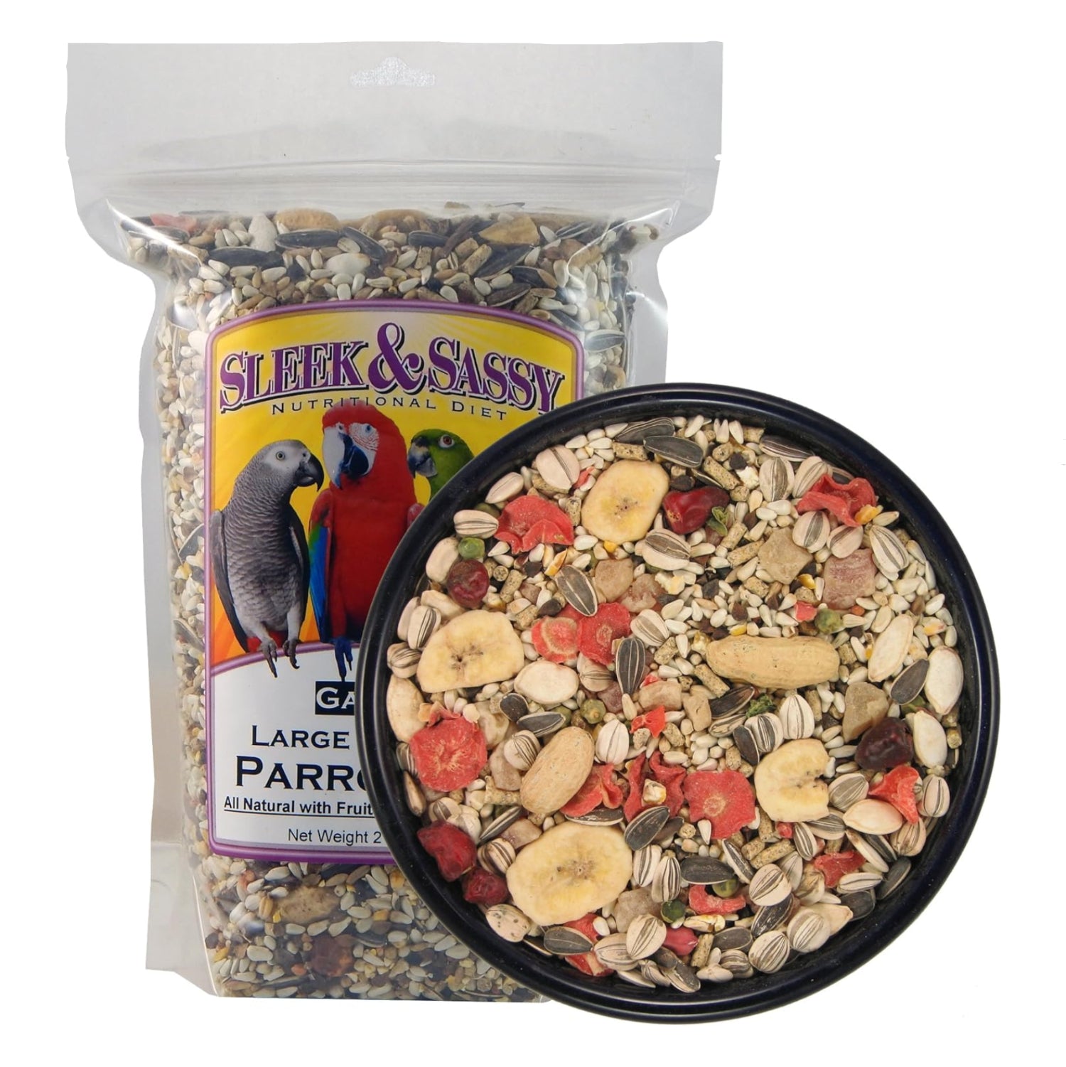 Large hookbill parrot food for large conures and amazons from SLEEK & SASSY, showing colorful bird pellets in a bowl.