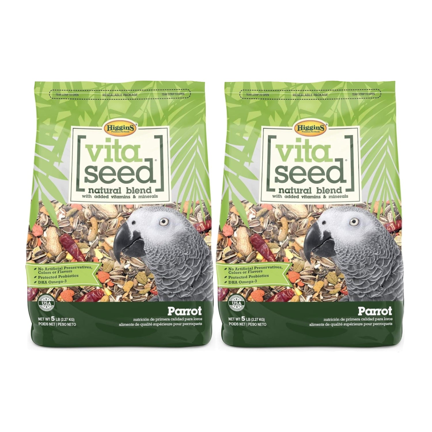 Higgins Vita Seed natural blend parrot food pack with two 5-pound bags, showing colorful seed mix for parrots.
