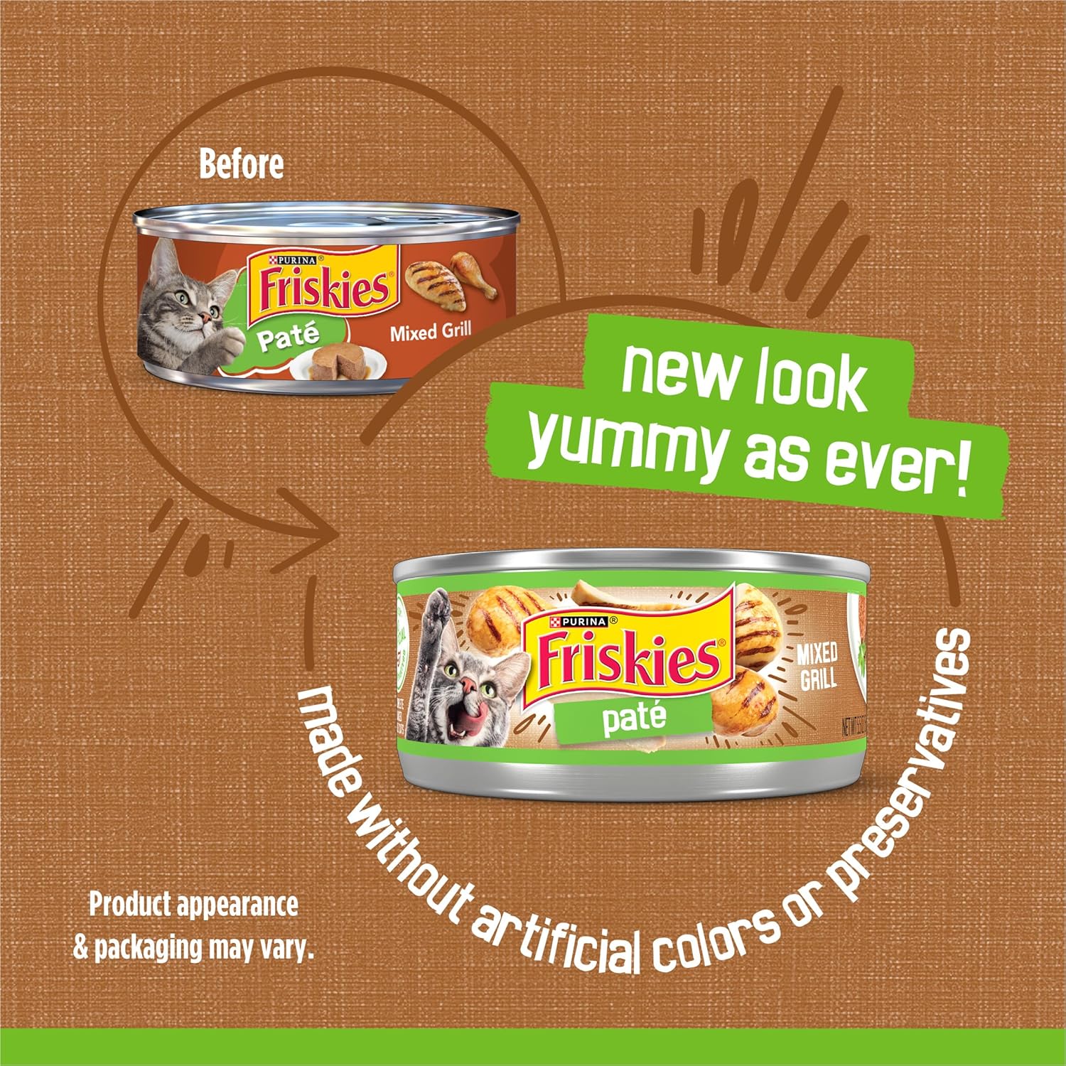Cans of Purina Friskies Wet Cat Food Pate Mixed Grill, 5.5 oz, pack of 24, with colorful labels and cat food images.
