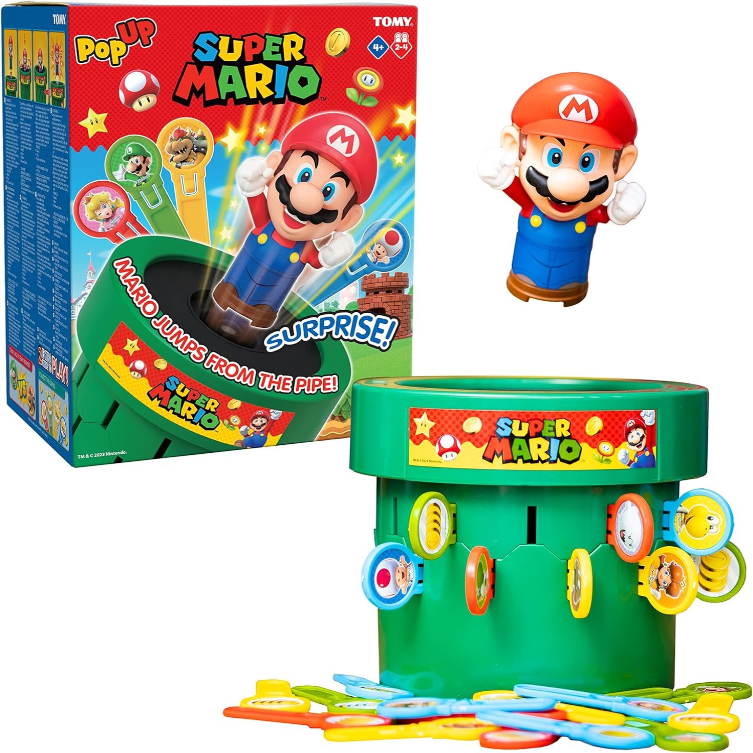 TOMY Pop Up Super Mario game for indoor play and family game night, featuring colorful Mario-themed activity components.