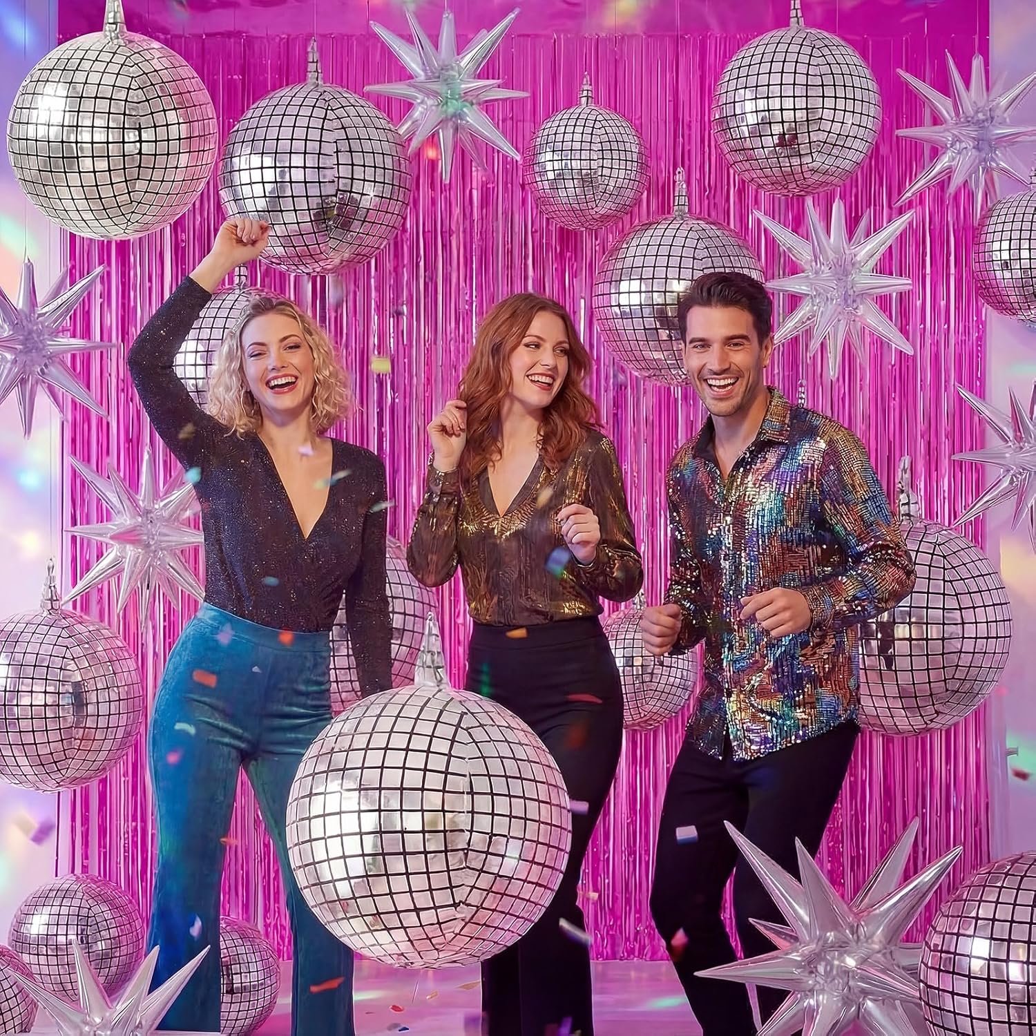 Seenelling 24-piece disco party decoration set with 22-inch 4D disco ball balloons and star-shaped balloons for celebration events.