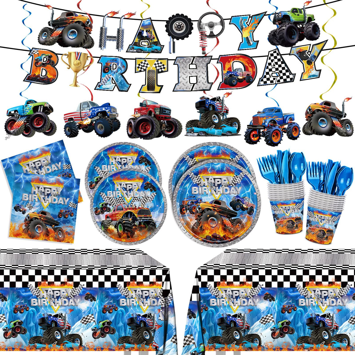 177pcs Monster Truck Birthday Decorations Plates Napkins - JVORFDG Official Imagery - 1